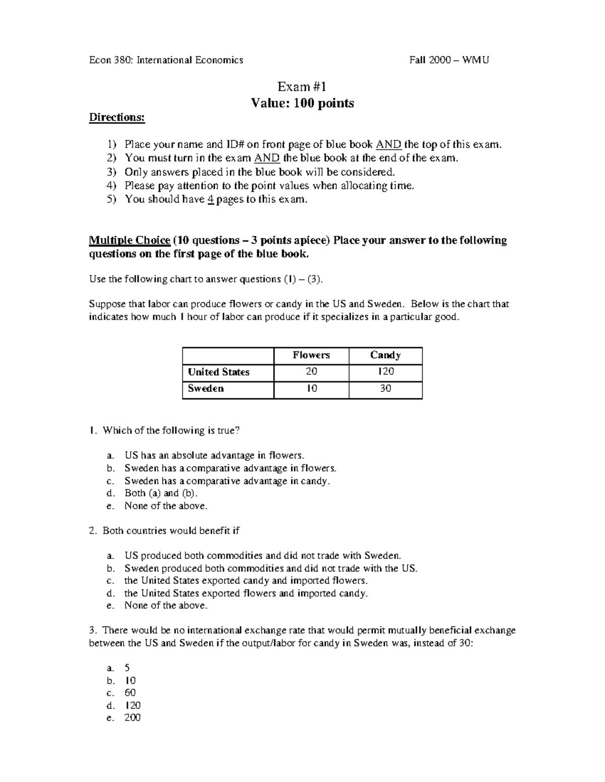 Econ380pe1 Econ 380 International Economics Fall 2000 WMU Exam