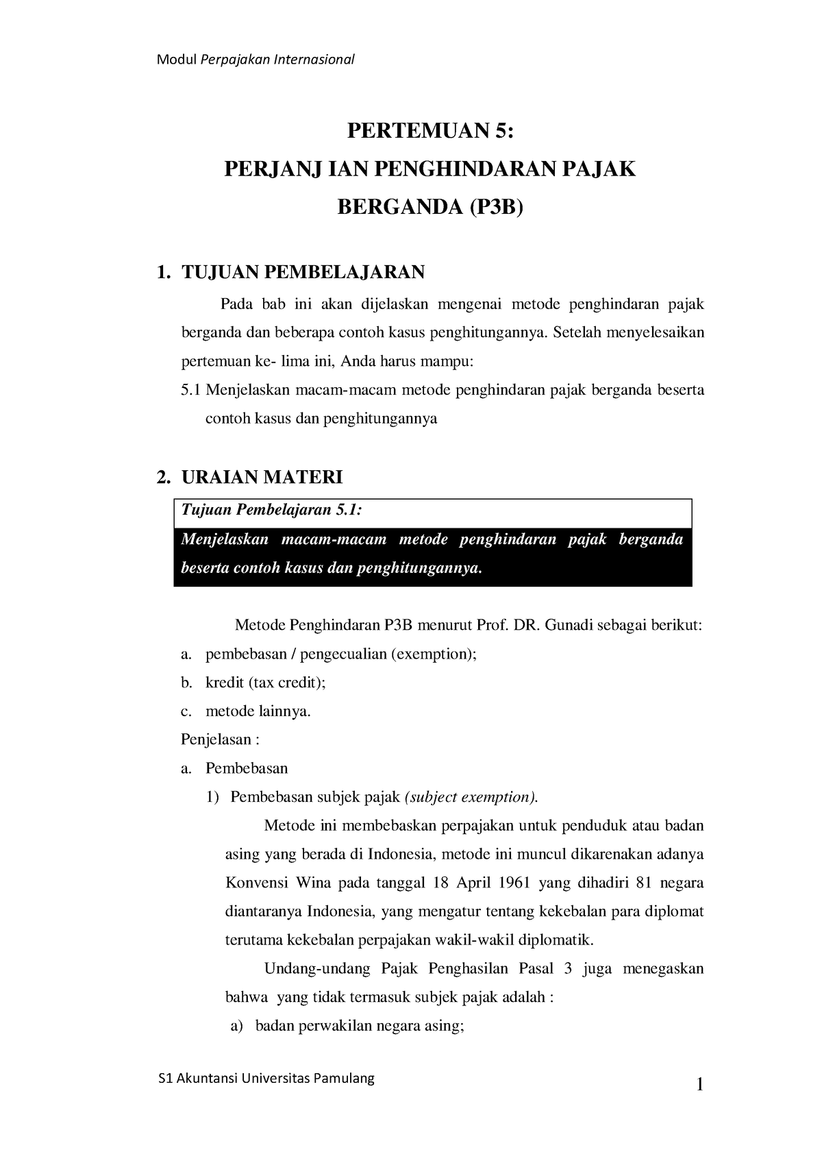 Pertemuan 5 Perjanjian Penghindaran Pajak Berganda (P3B) - PERTEMUAN 5 ...