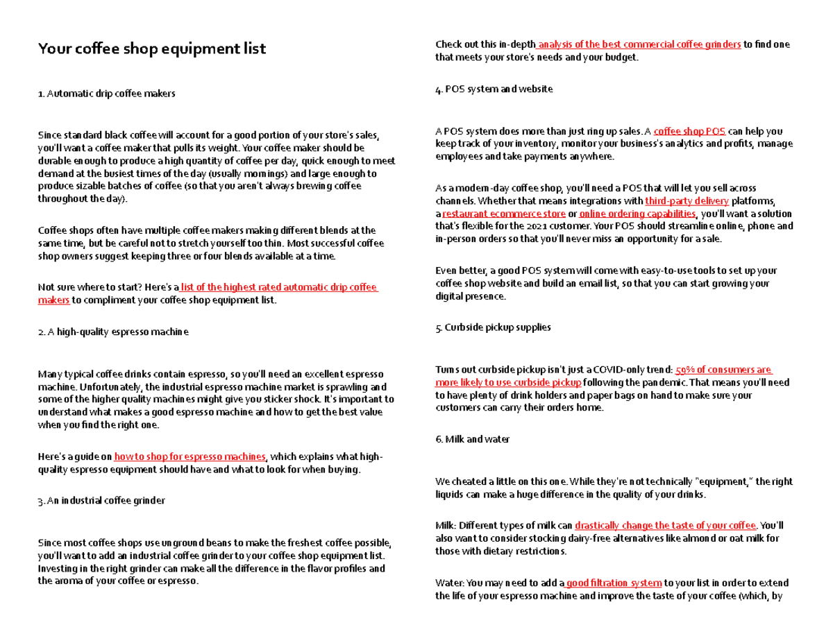 Your coffee shop equipment list Your coffee shop equipment list Automatic drip coffee makers