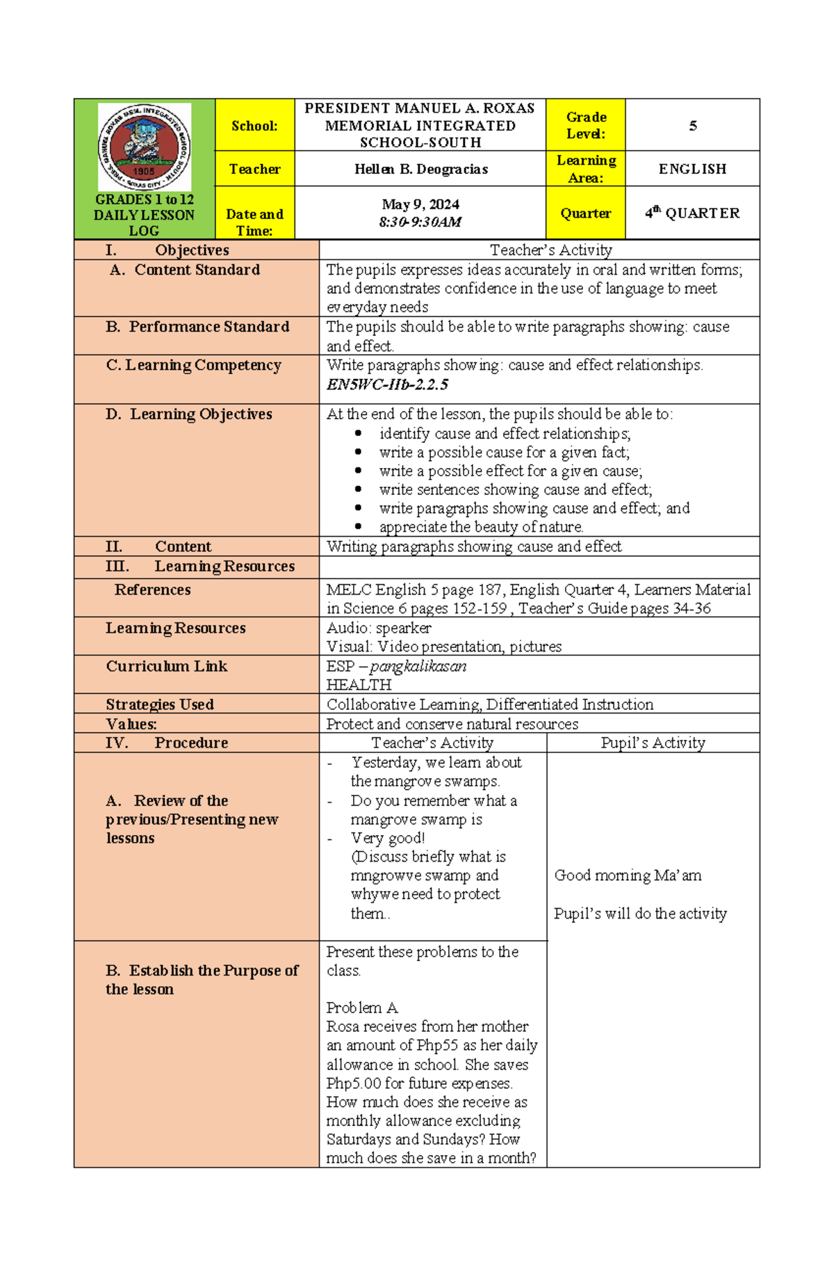 PCK 6 Lesson PLAN - GRADES 1 to 12 DAILY LESSON LOG School: PRESIDENT ...