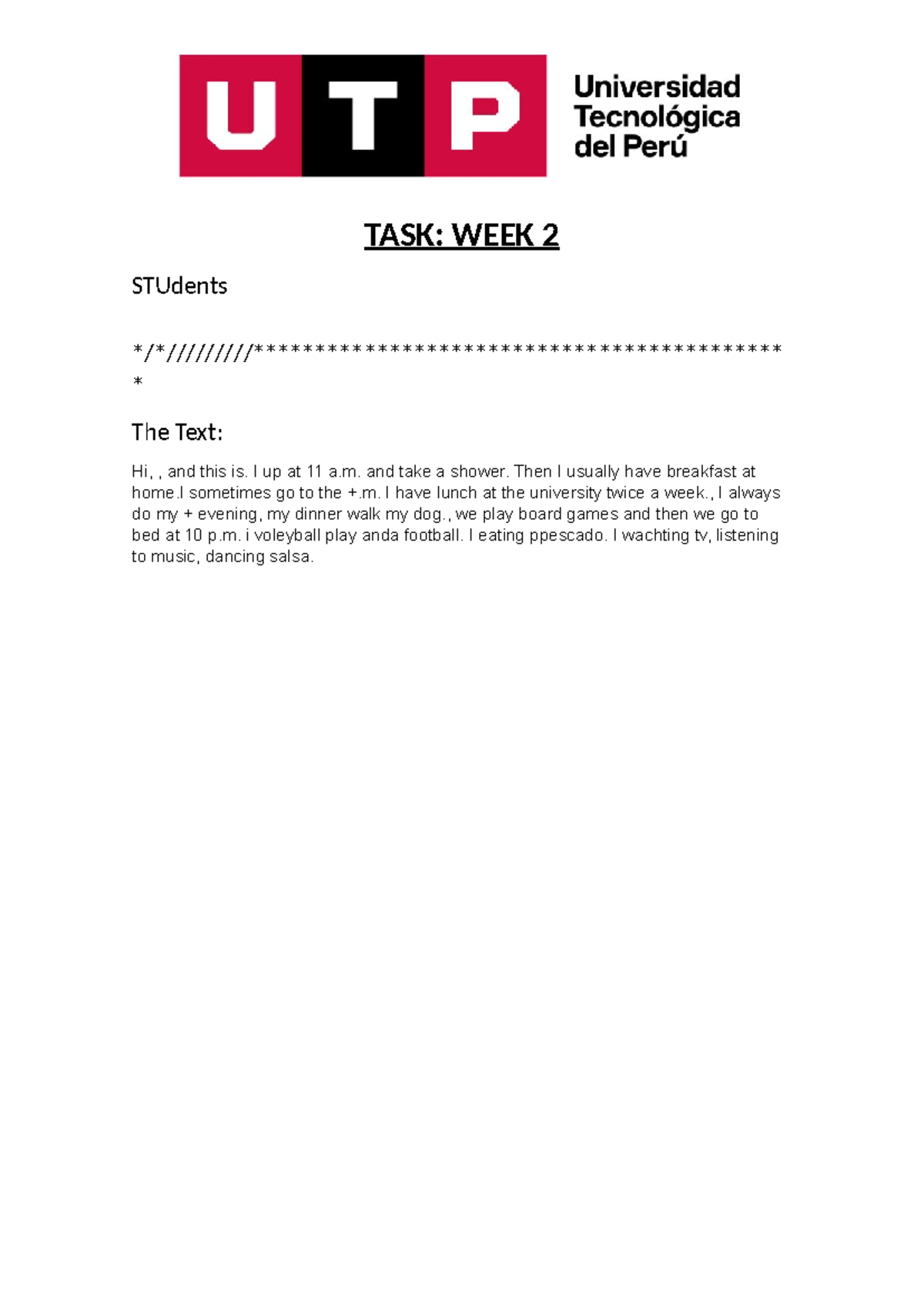 Week 2 - WEEK 2 Writing a text. - TASK: WEEK 2 STUdents - Studocu
