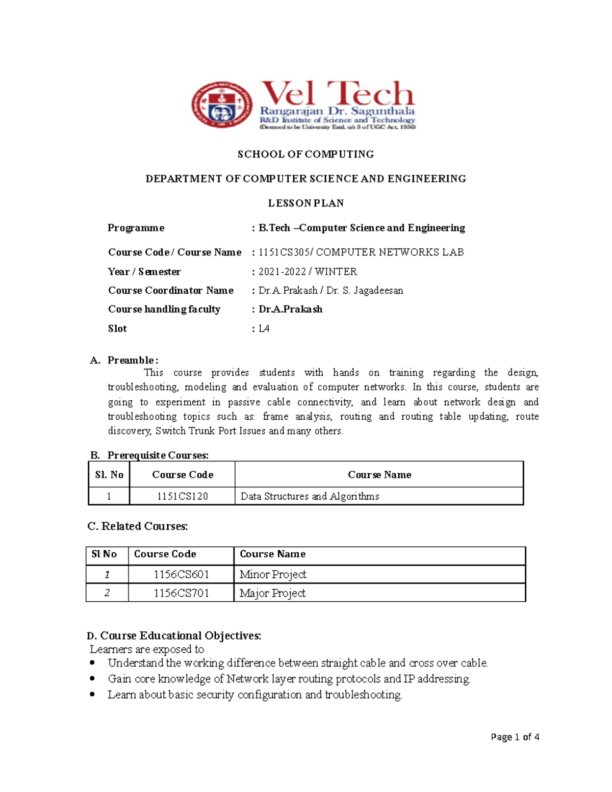 Computer networks lesson plan materials - Computer networks lab - Vel ...