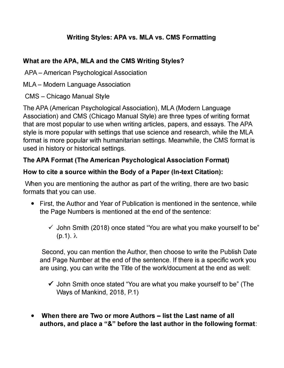 Writing Styles - MLA vs. CMS Formatting What are the APA, MLA and the ...