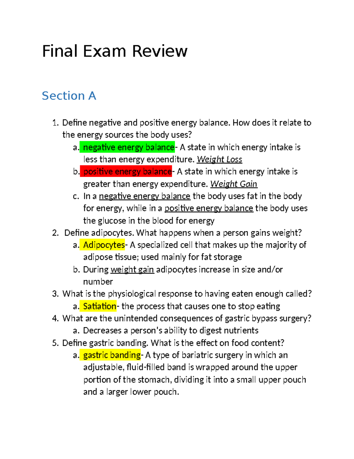 Final Exam Review - Final Exam Review Section A Define Negative And ...