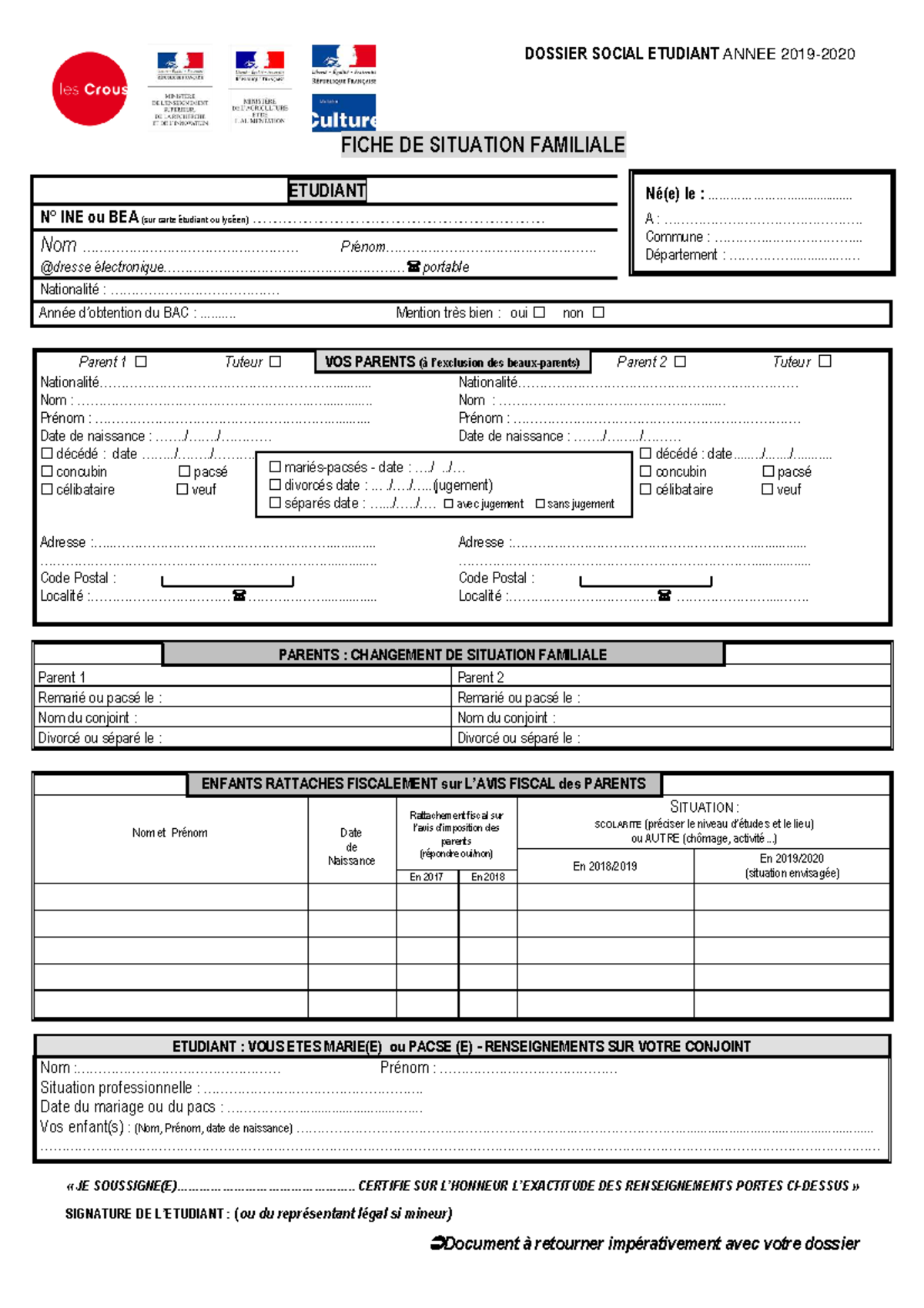 Fiche Famille Aaa DOSSIER SOCIAL ETUDIANT ANNEE 2019 FICHE DE 