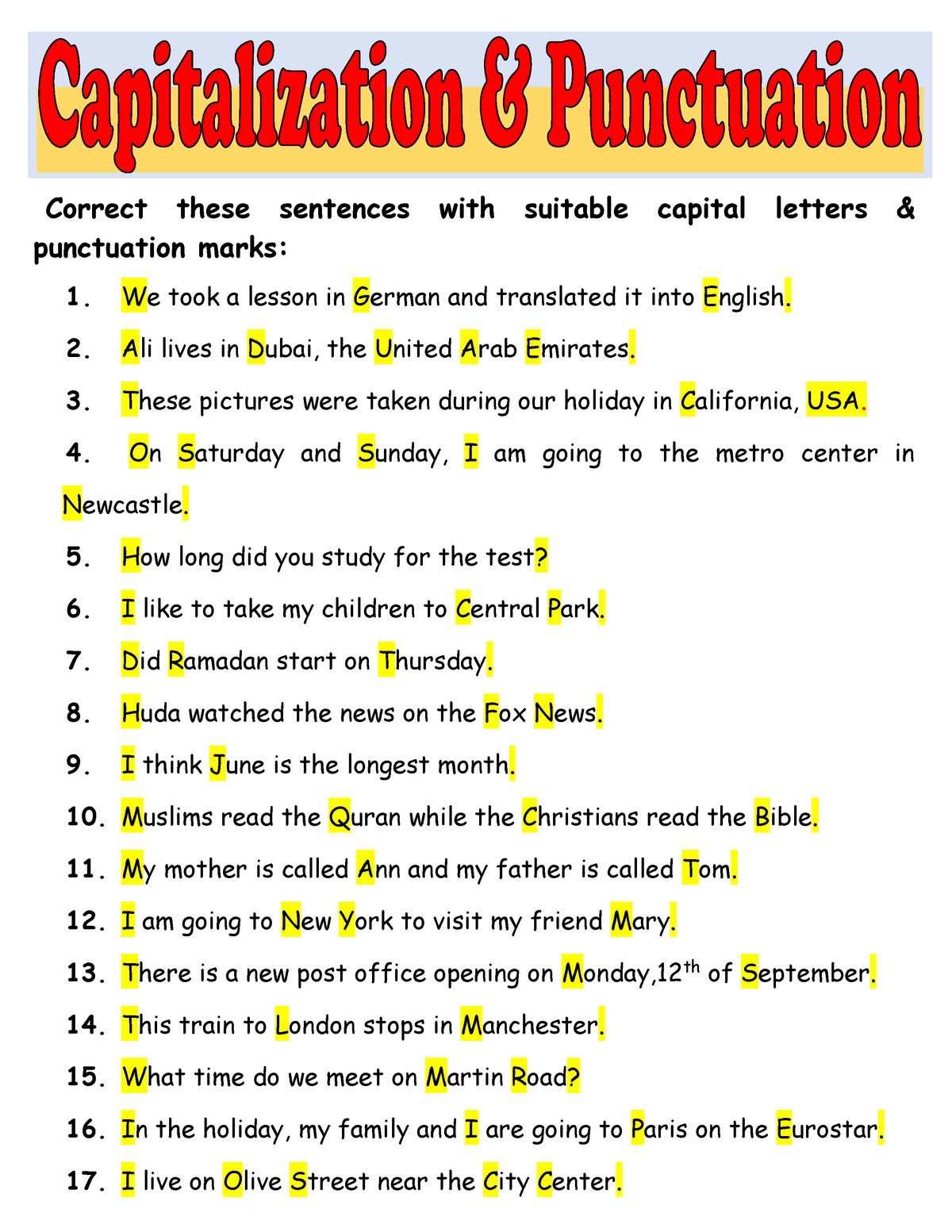 Capitalization And Punctuation Exercises Correct These Sentences With 