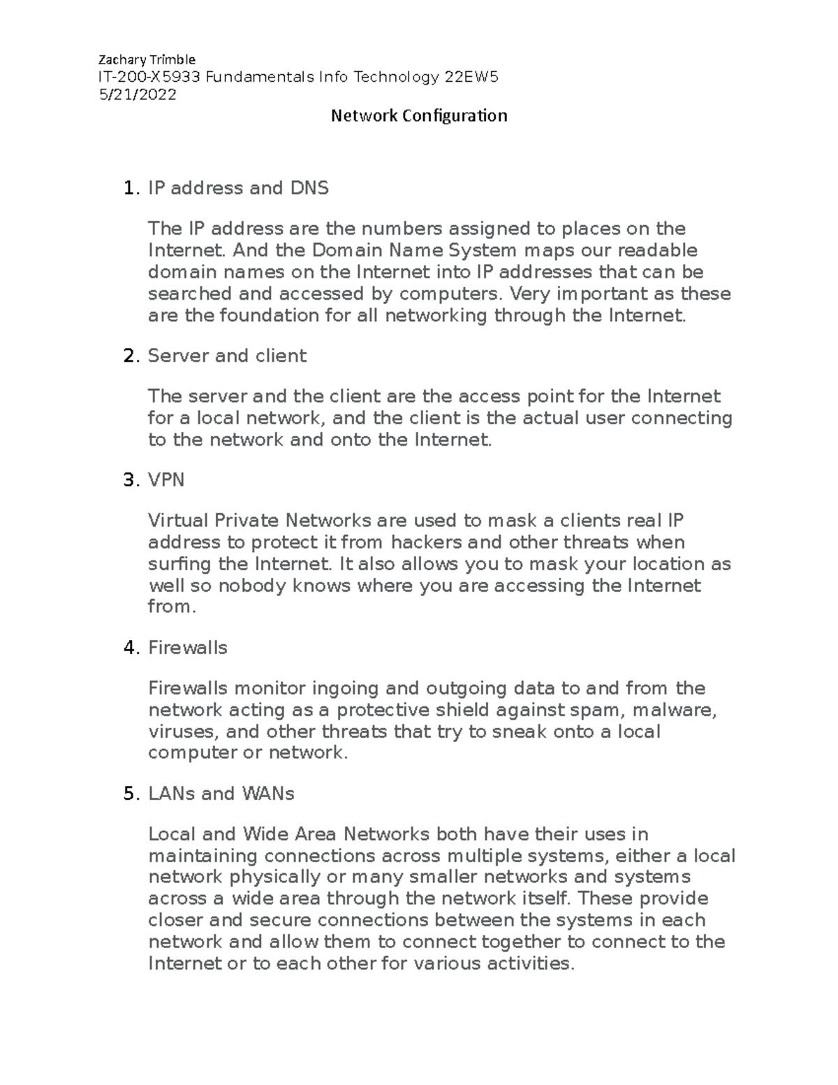 Network Configuration - Zachary Trimble IT-200-X5933 Fundamentals Info ...