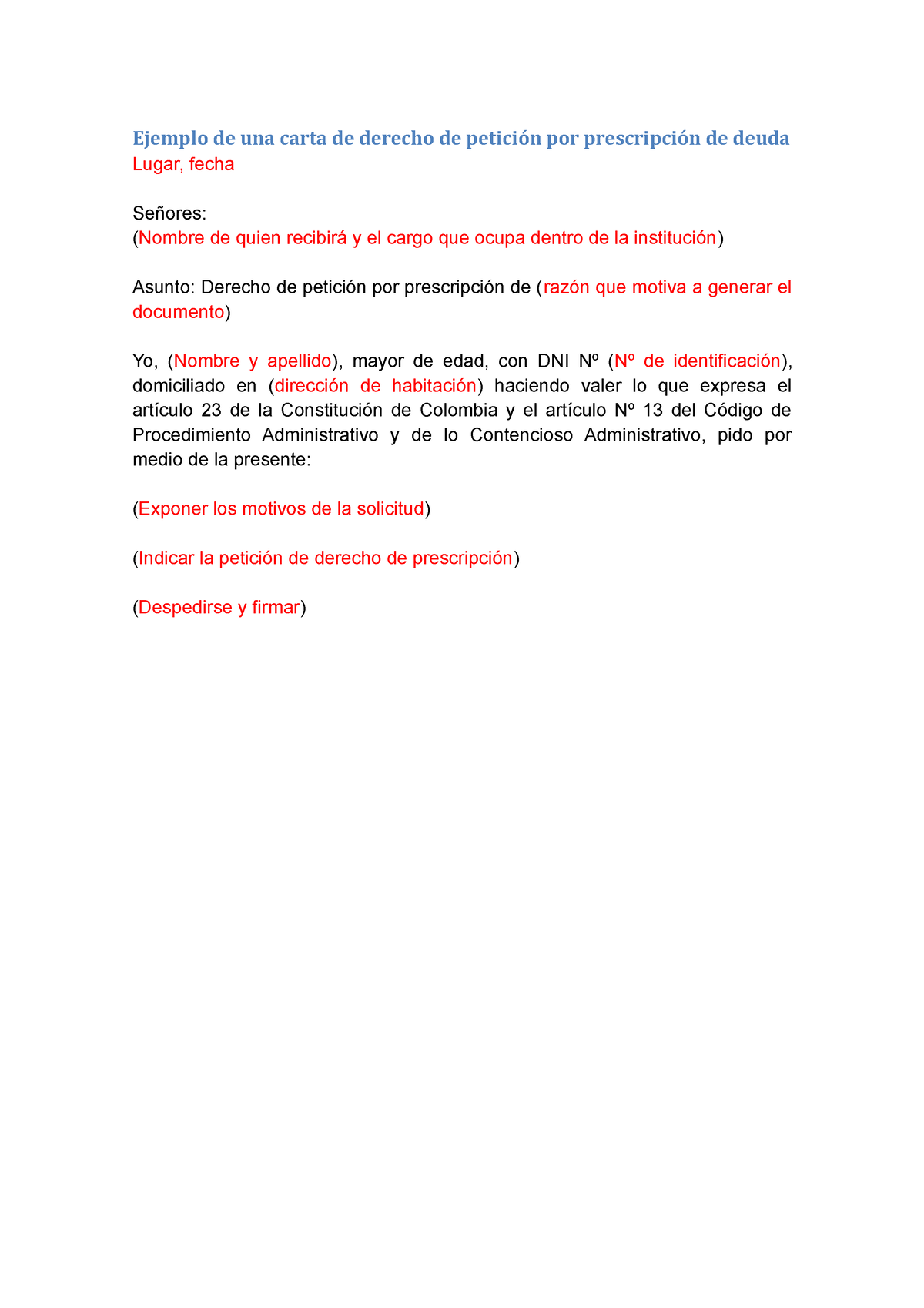 Modelo Derecho De Peticion Por Prescripcion De Deuda - Ejemplo de una carta  de derecho de petición - Studocu