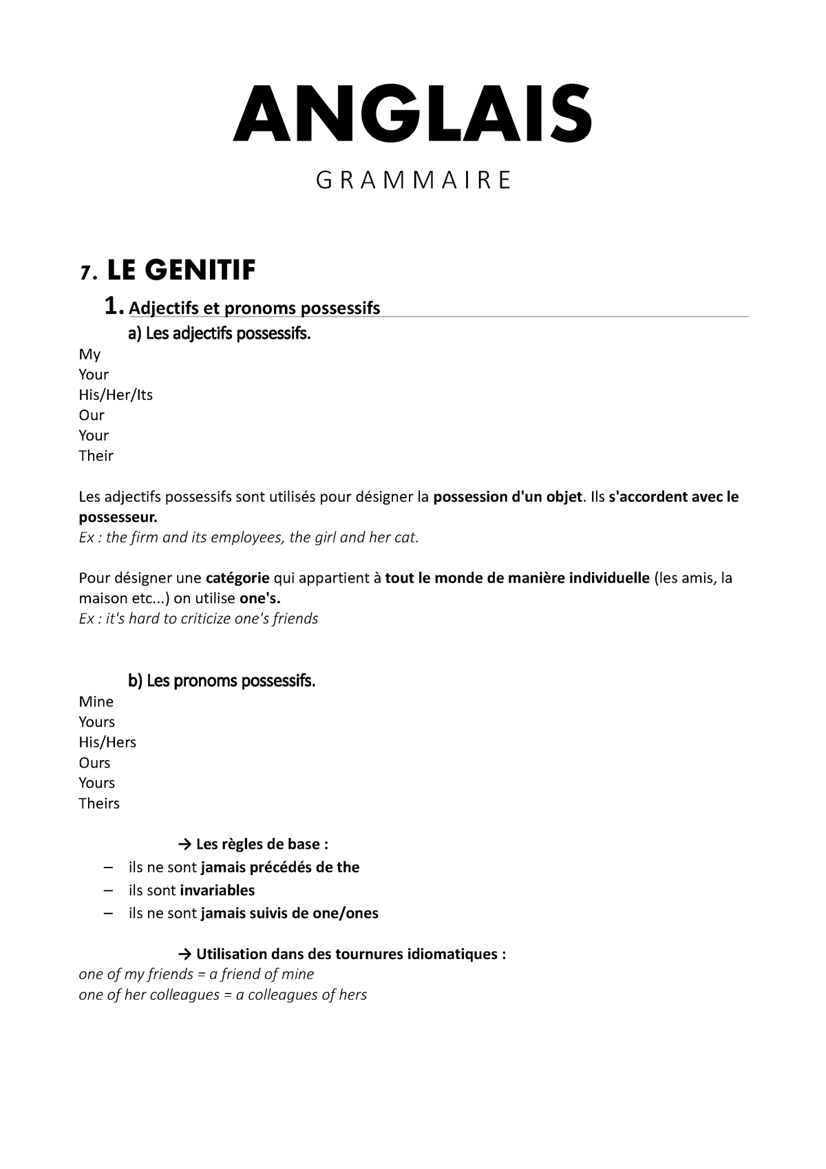 C Est Quoi Le Génitif En Anglais 7 génétif - Notes de cours le génitif - ANGLAIS GRAMMAIRE 7. LE GENITIF 1.  Adjectifs et pronoms - Studocu