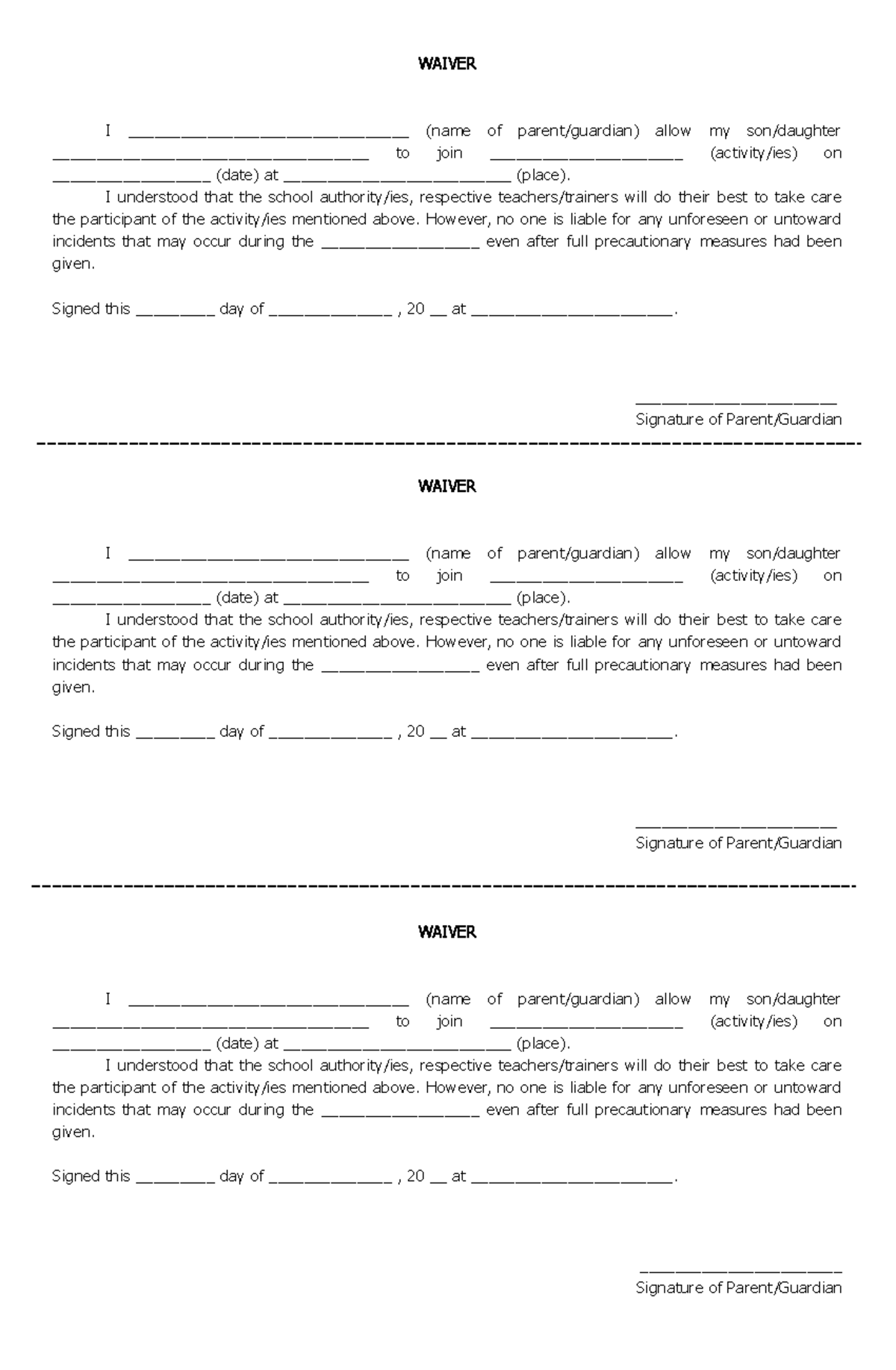 Waiver - WAIVER I ________________________________ (name of parent ...