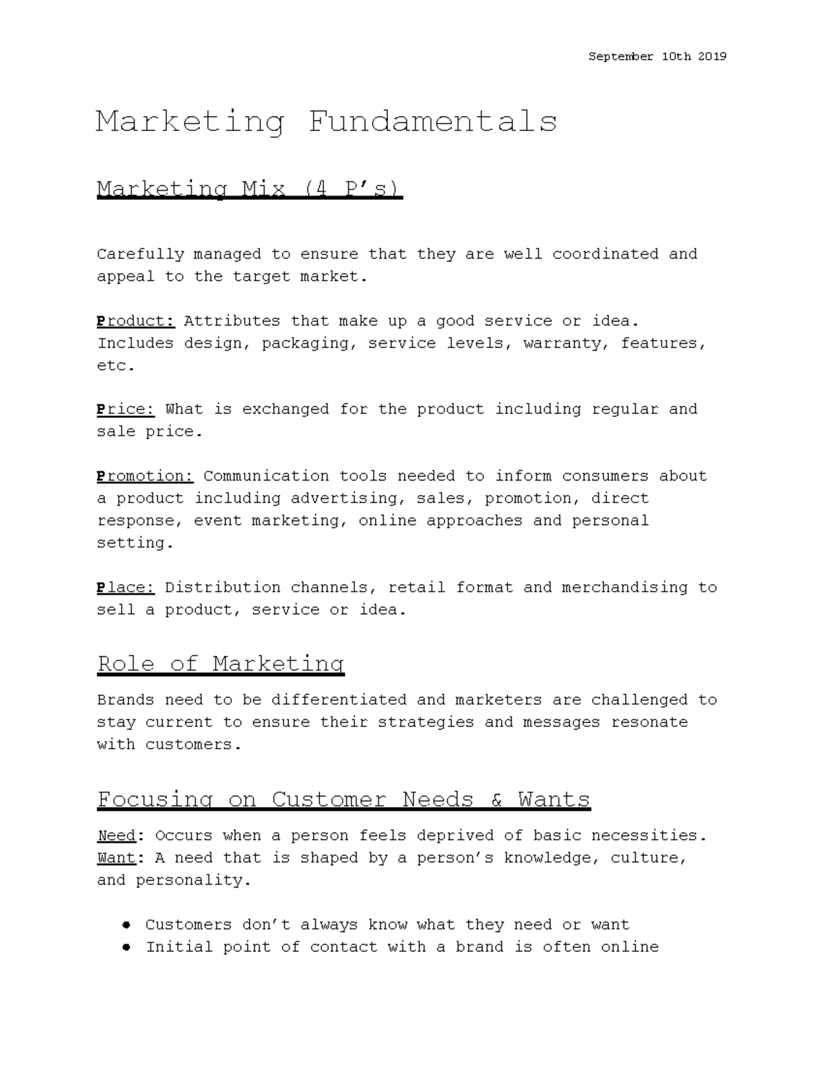 Chapter 1 - Notes - September 10th 2019 Marketing Fundamentals ...