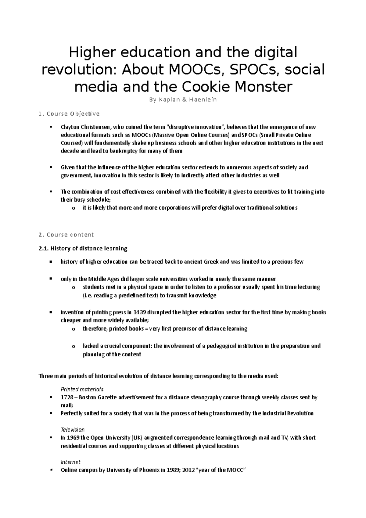 Higher education and the digital revolution MOOC Extensive Summary ...