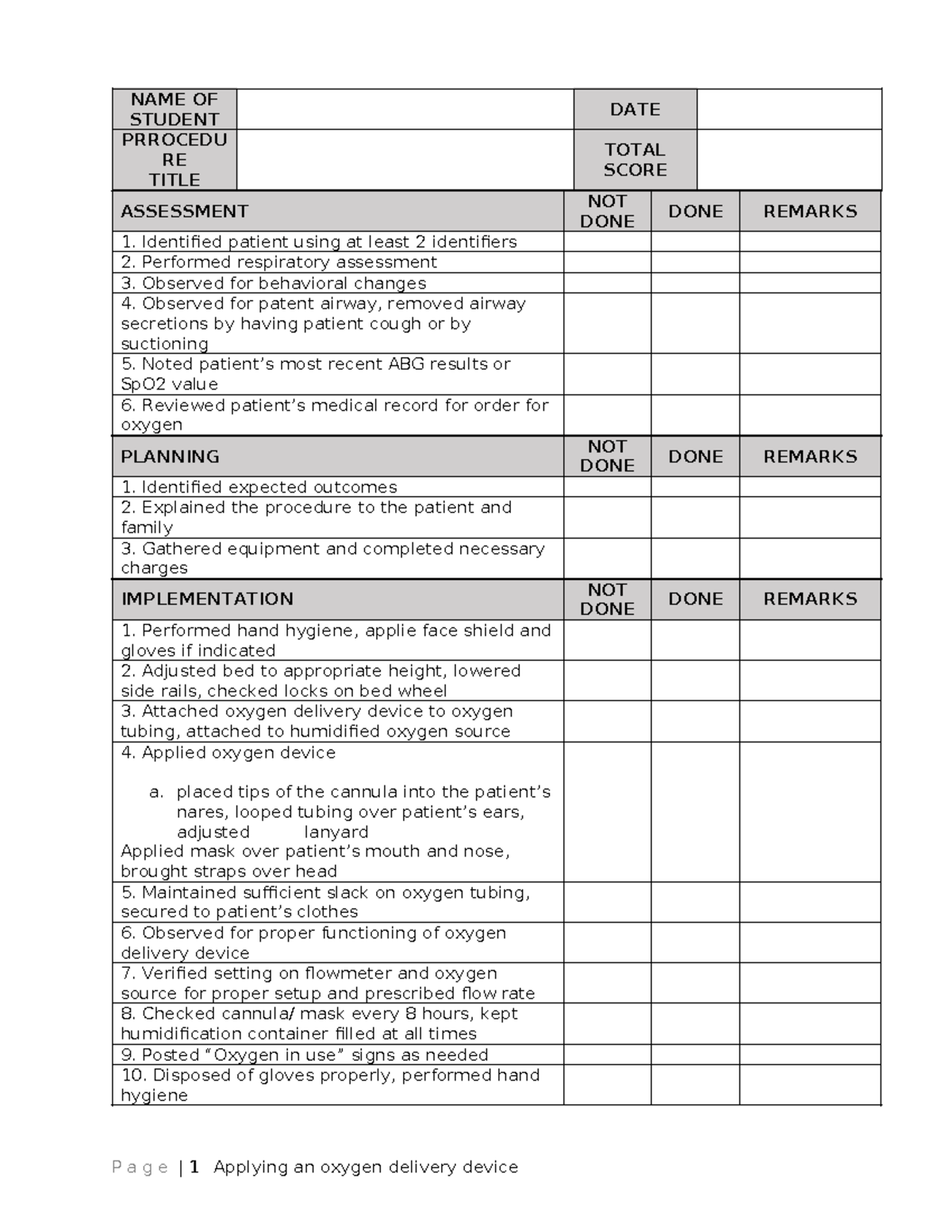 Oxygenation checklist - NAME OF STUDENT DATE PRROCEDU RE TITLE TOTAL ...