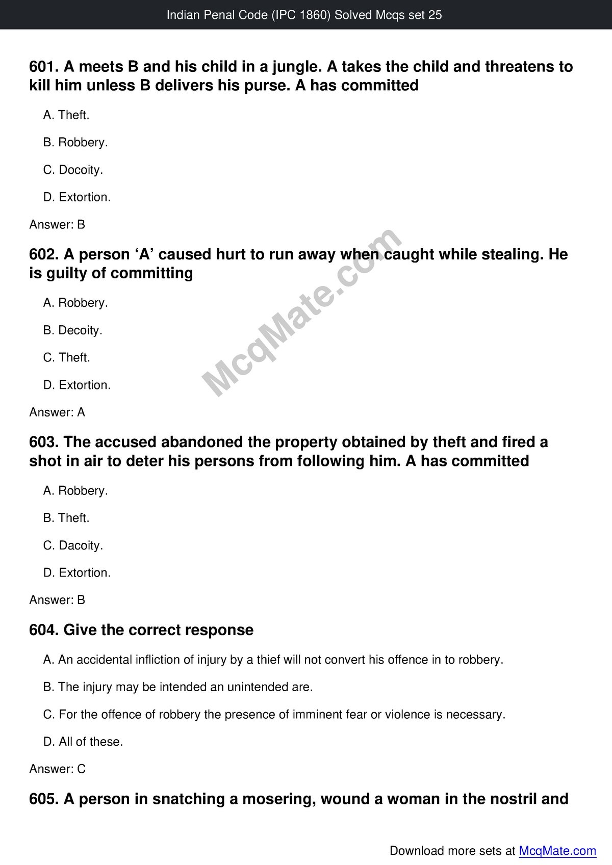 Indian Penal Code (IPC 1860) Solved Mcqs Set 25 Mcq - 601. A Meets B ...