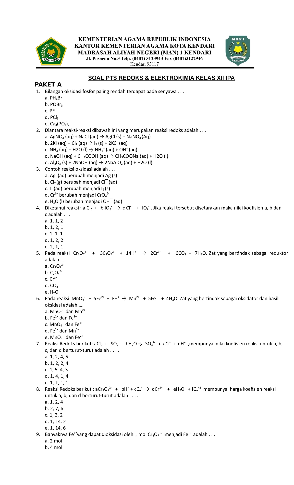 SOAL Paket A PTS XII Redoks DAN Elektrokimia - SOAL PTS REDOKS ...