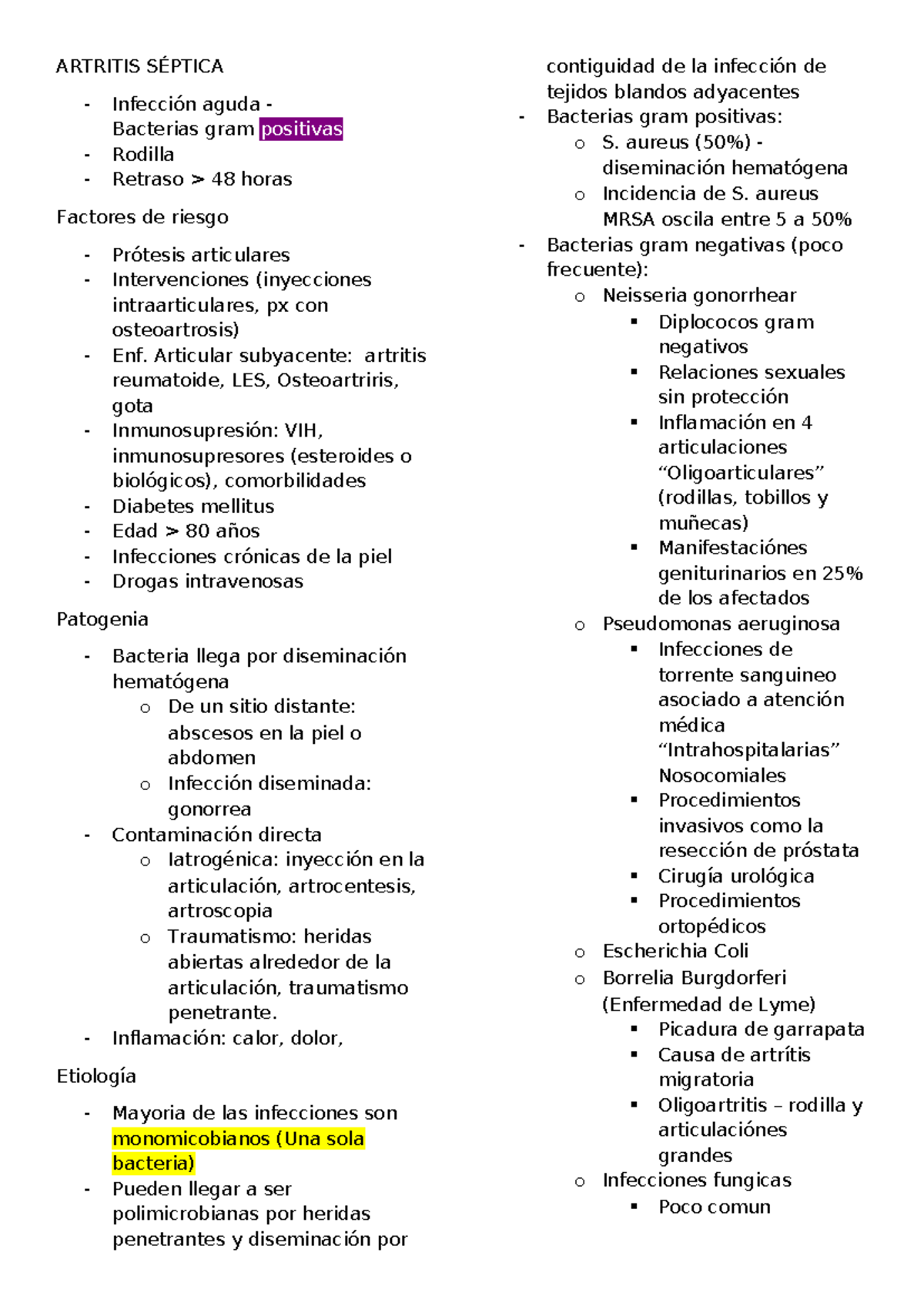 3er parcial - INFECTO - ARTRITIS SÉPTICA Infección aguda - Bacterias ...