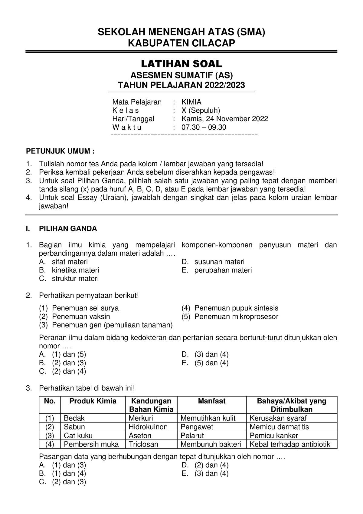 AS Kimia Kelas X TP 22-23 - SEKOLAH MENENGAH ATAS (SMA) KABUPATEN