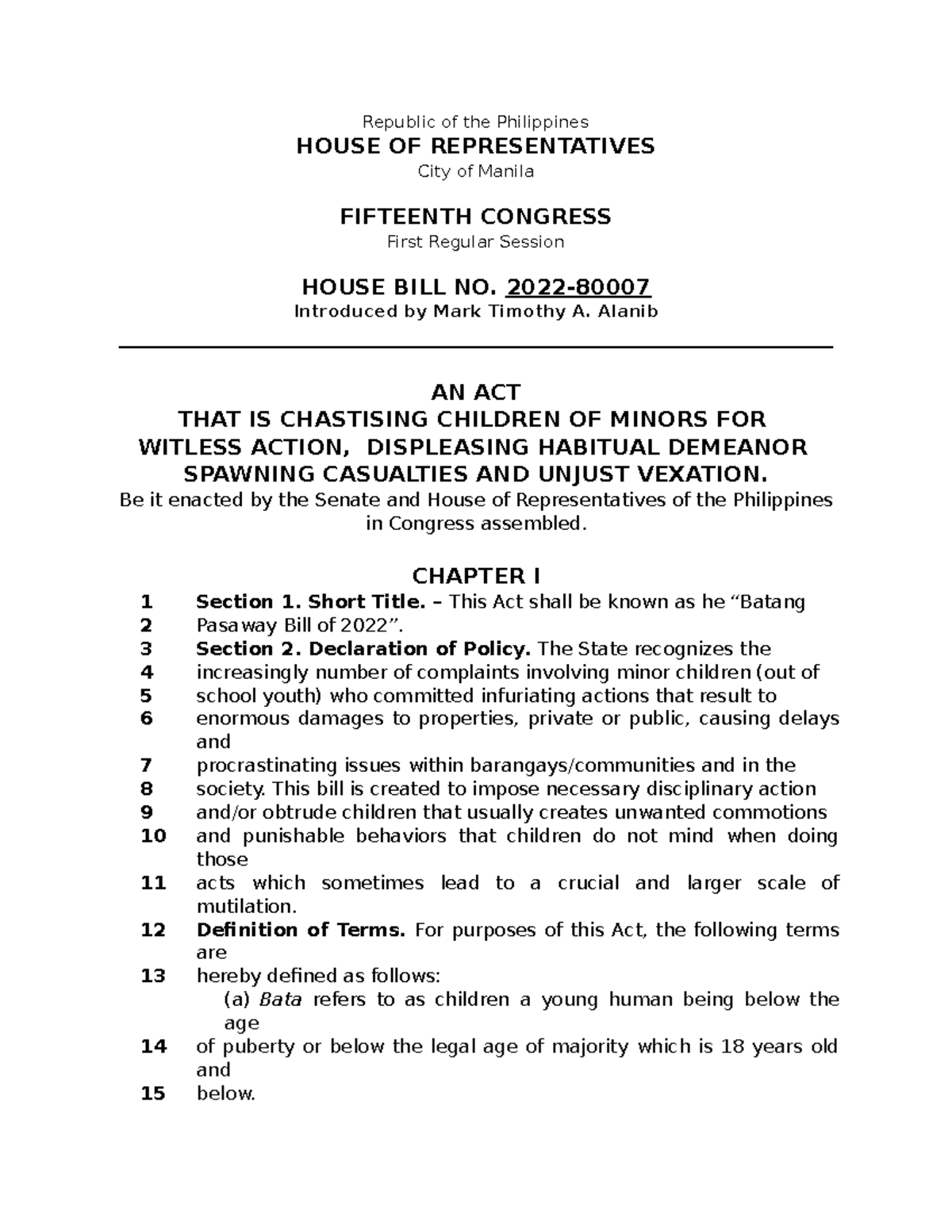 Statcon assigment BILL - Republic of the Philippines HOUSE OF ...