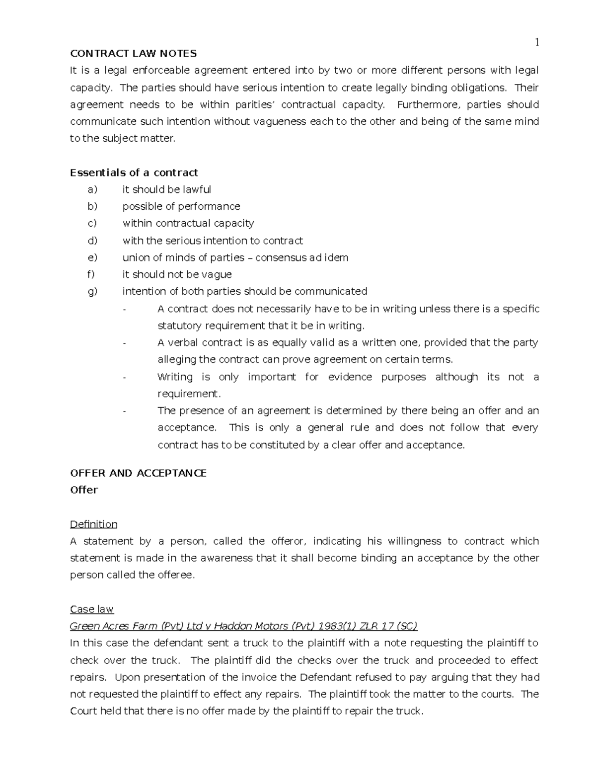 Contract LAW Notes 80 - CONTRACT LAW NOTES It is a legal enforceable ...