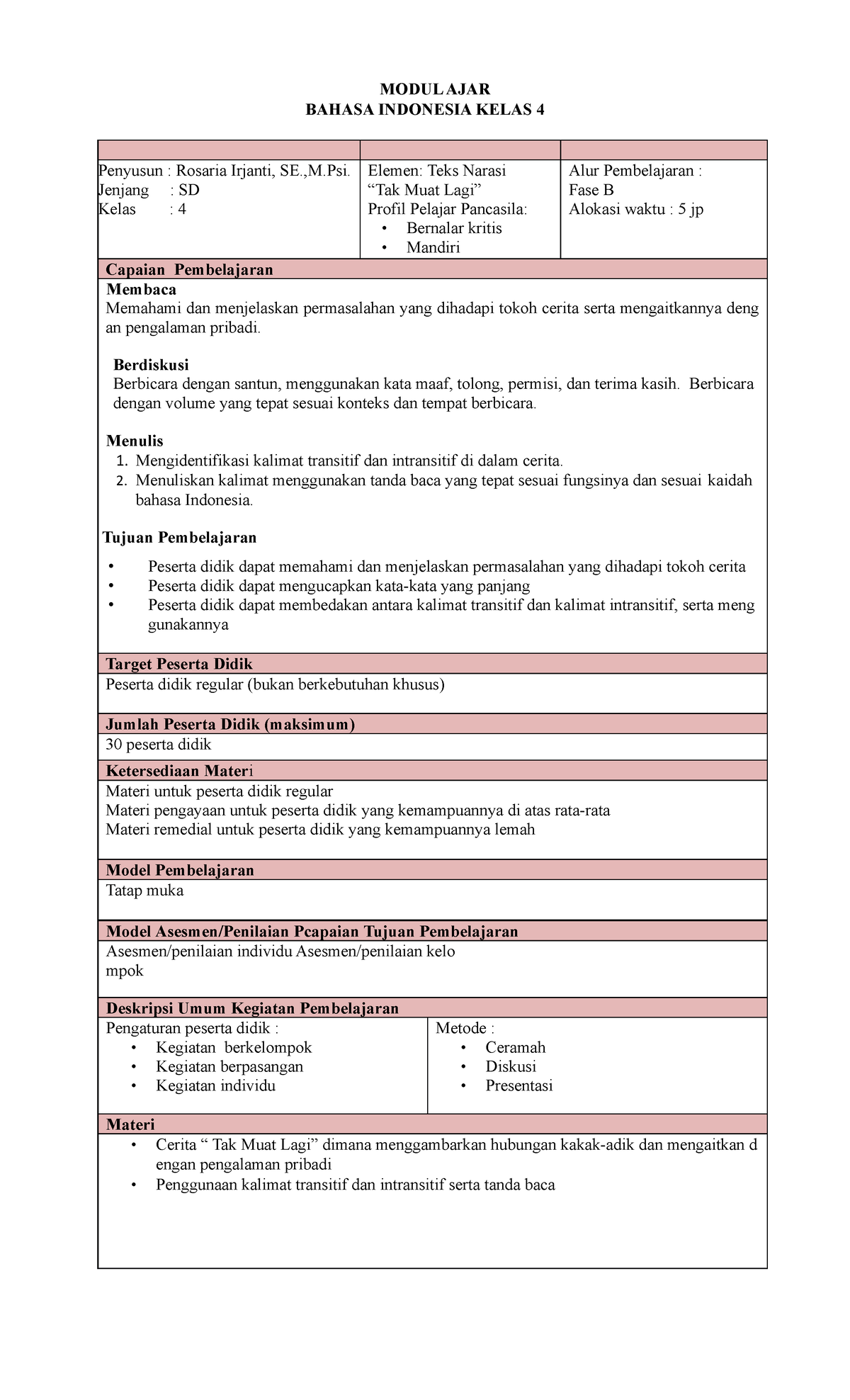 RPP Kalimat Transitif Intrasitif - MODUL AJAR BAHASA INDONESIA KELAS 4 ...