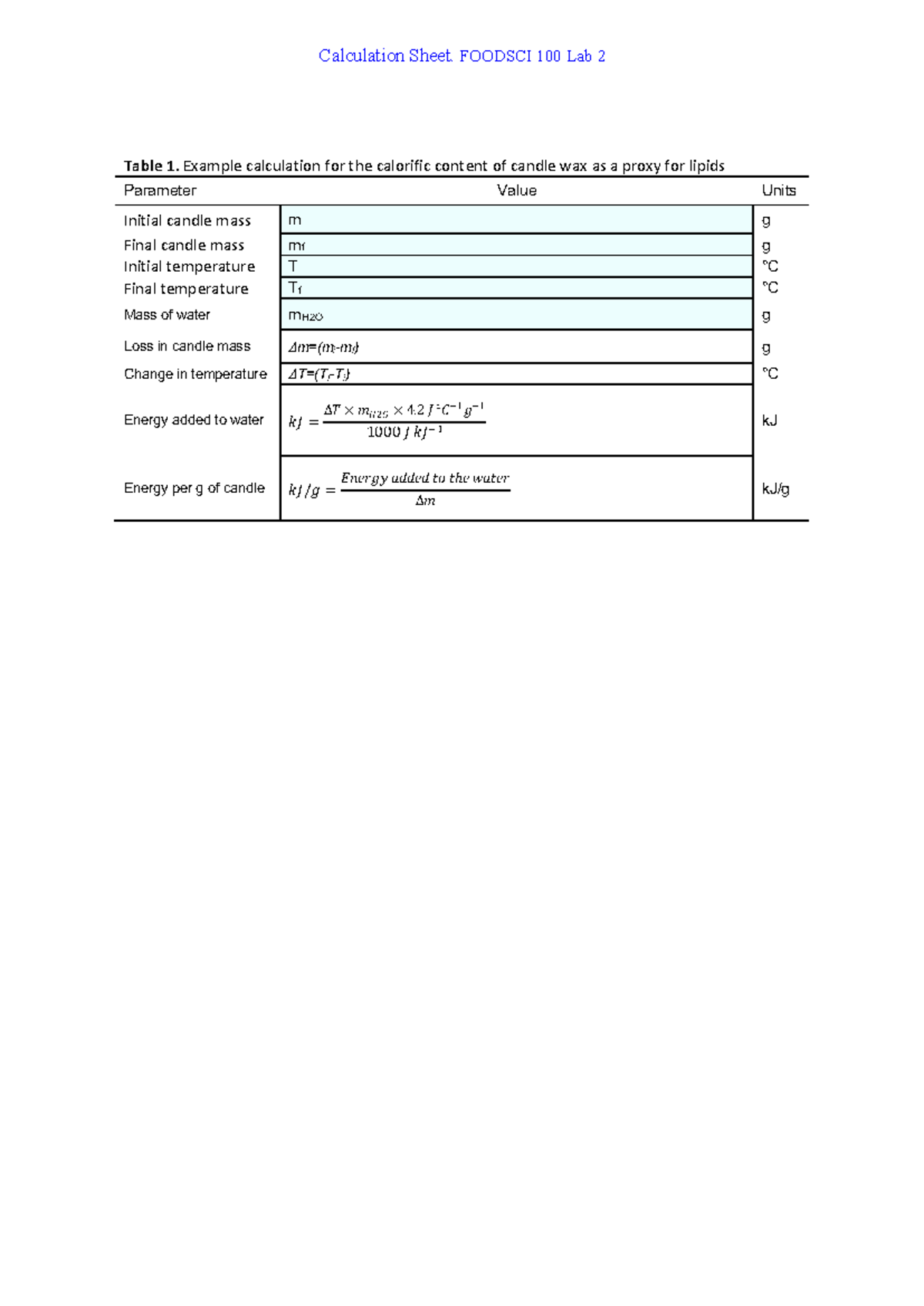 Calculation Sheet for Lab 2 - Calculation Sheet. FOODSCI 100 Lab 2 ...