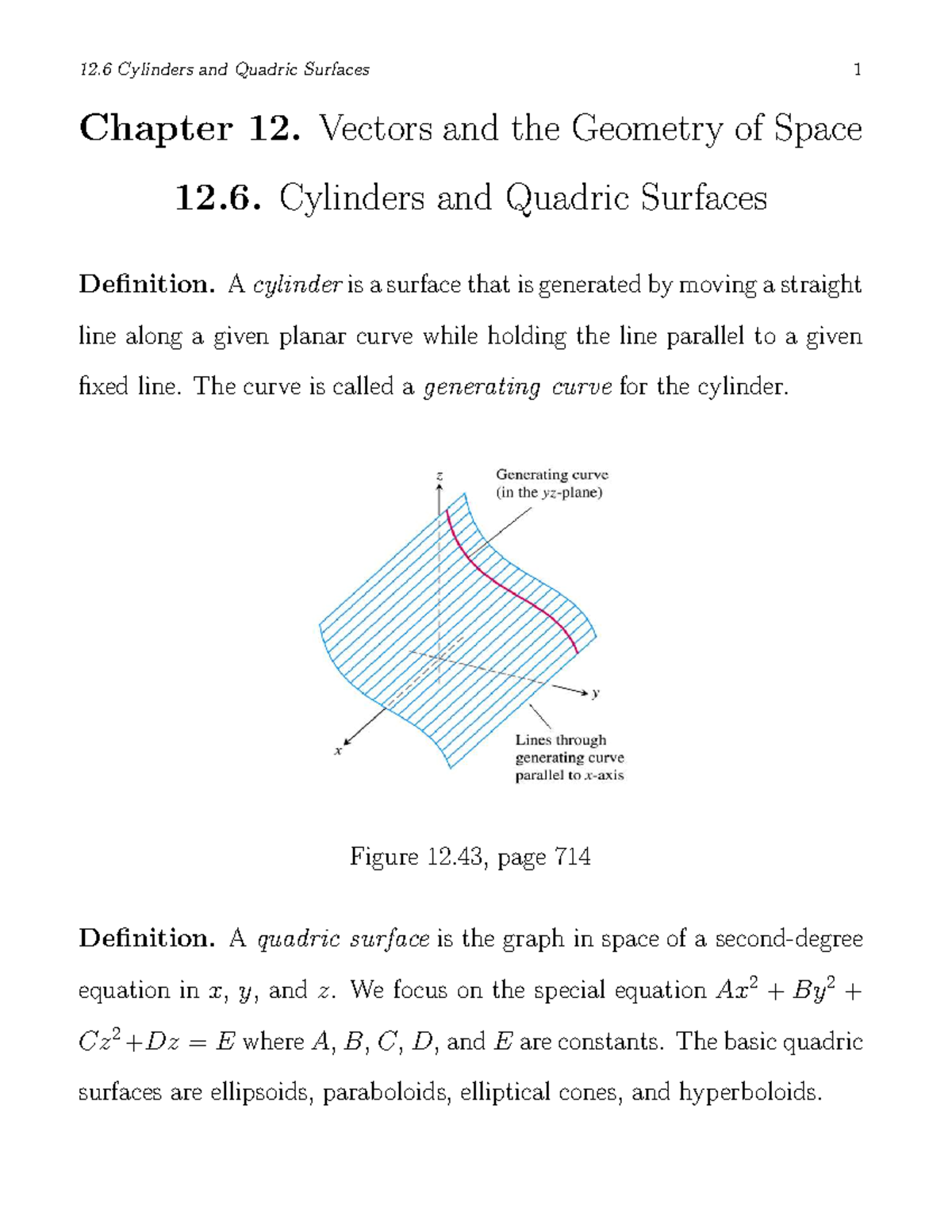 Quadratic Surfaces - Lecture notes 1 - 12 Cylinders and Quadric ...