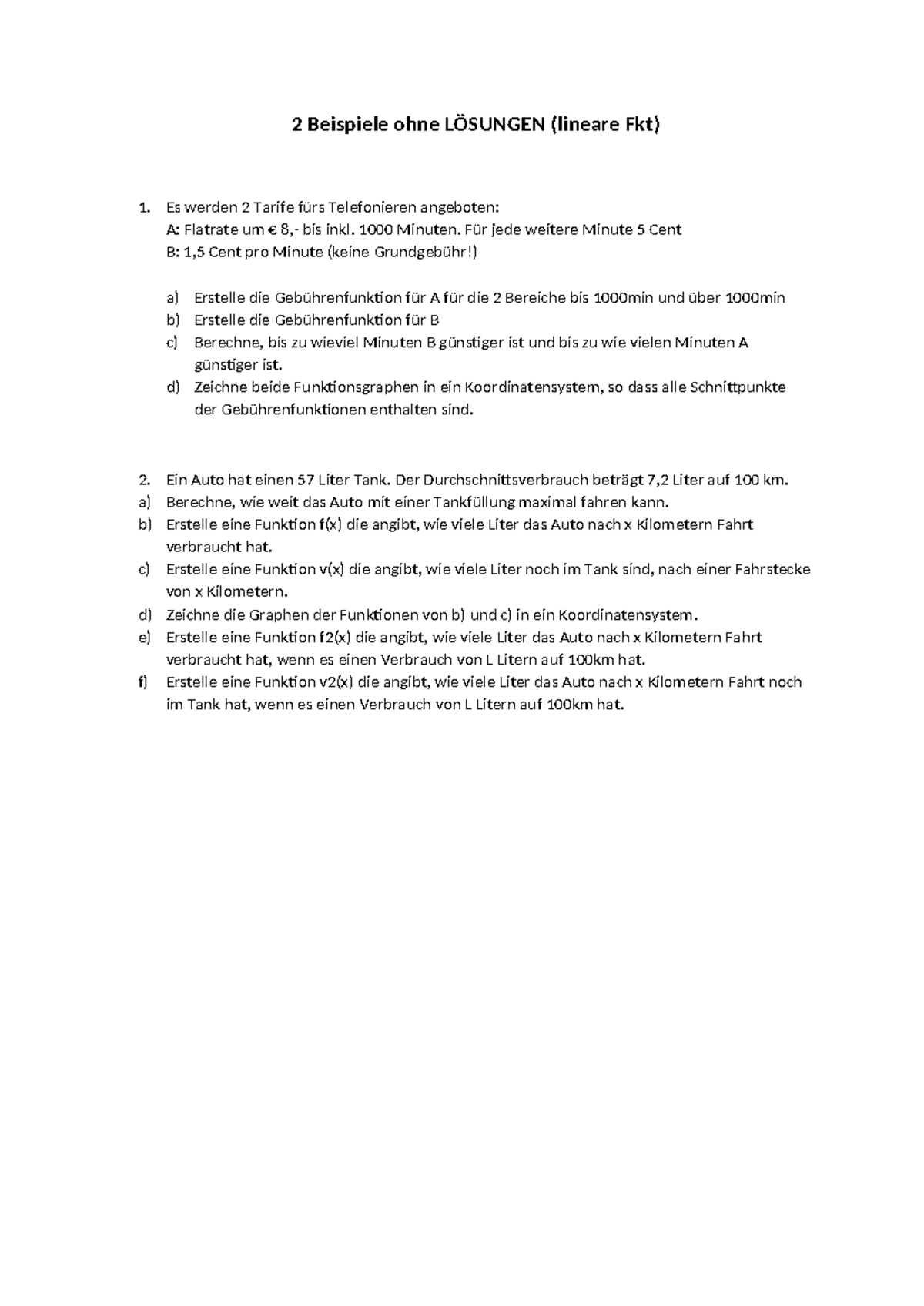Lin Fkt - Mathe Liniare Funktionen - 2 Beispiele ohne LÖSUNGEN (lineare ...