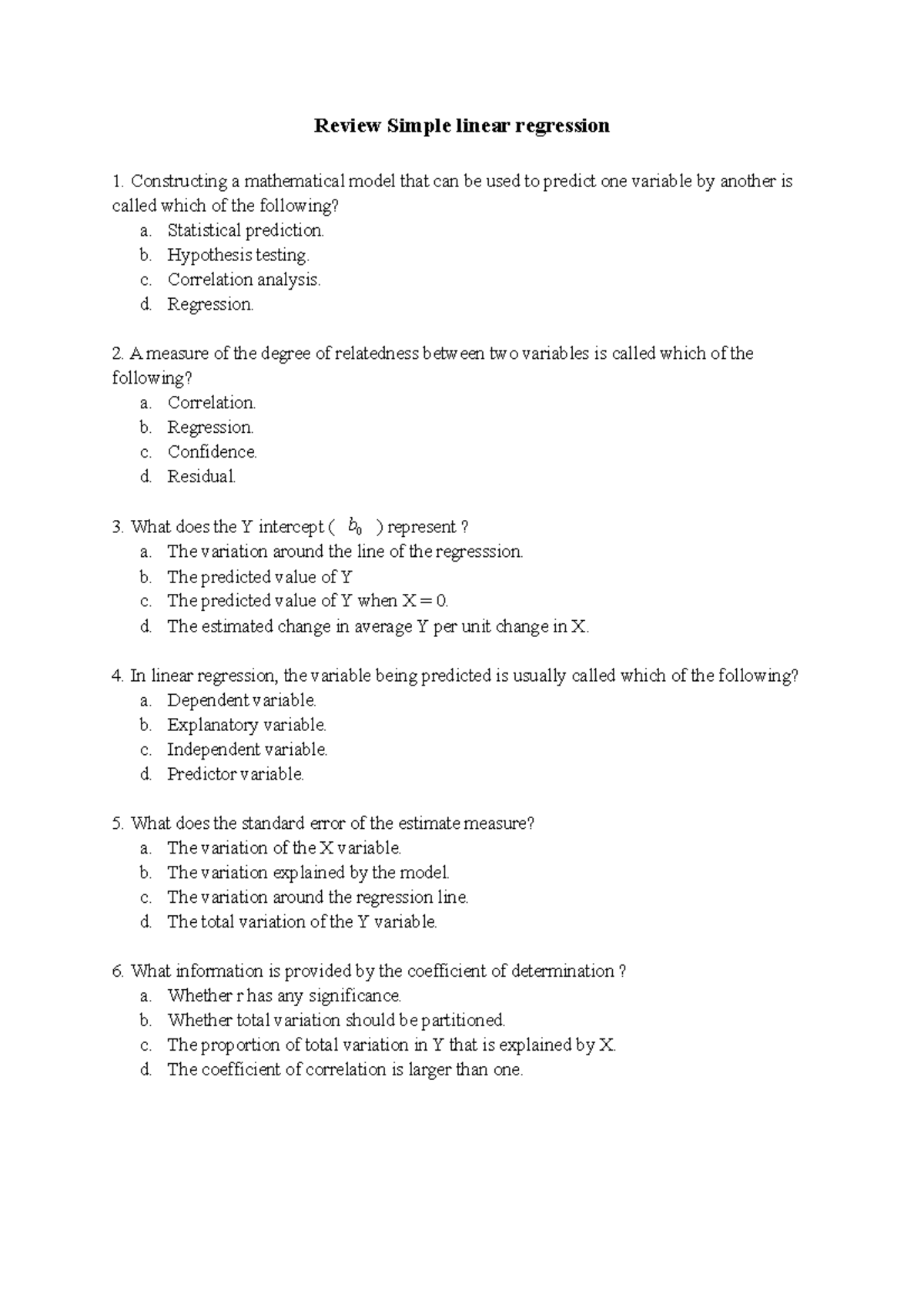 Linear Regression Multiple Choice