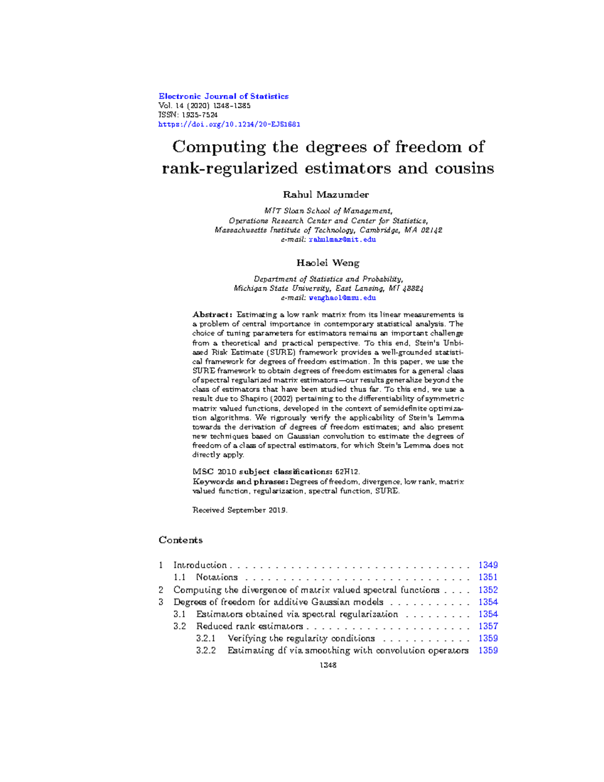 20EJS1681 Electronic Journal of Statistics Vol. 14 (2020) 1348 ISSN
