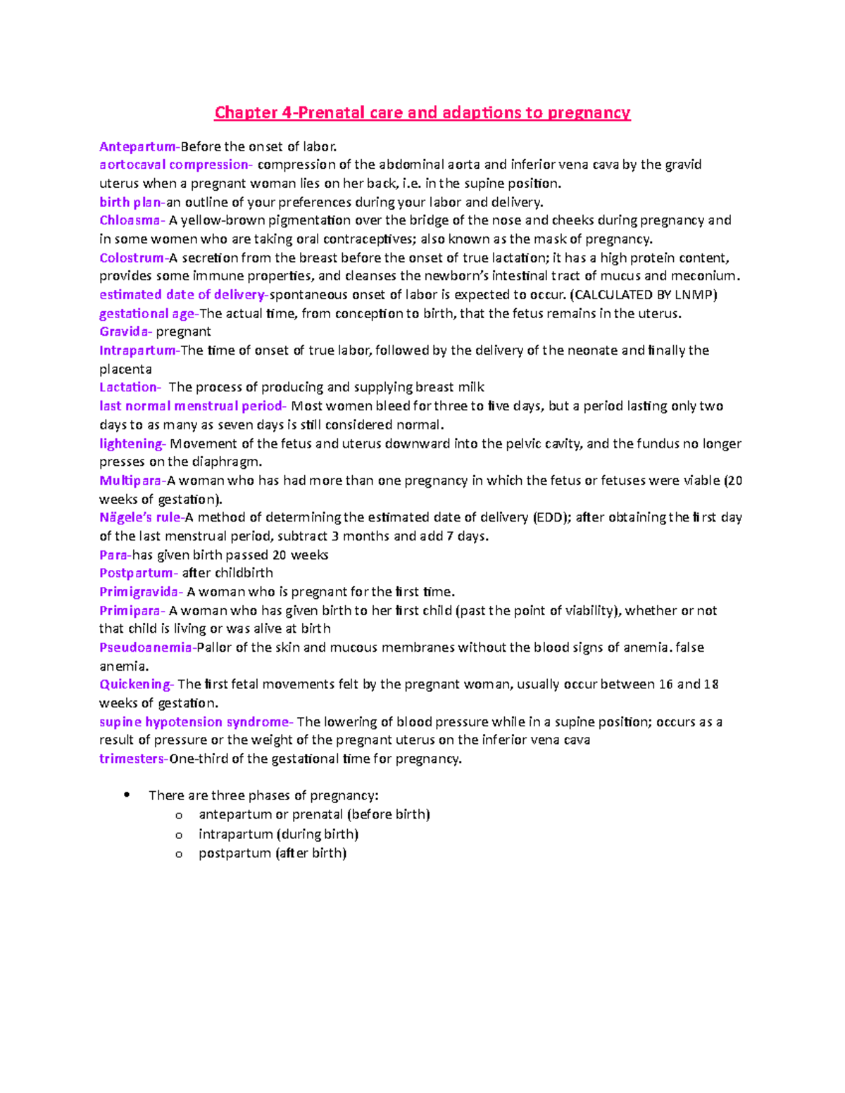 Chapter 4 Classroom Notes - Chapter 4-Prenatal care and adaptions to ...