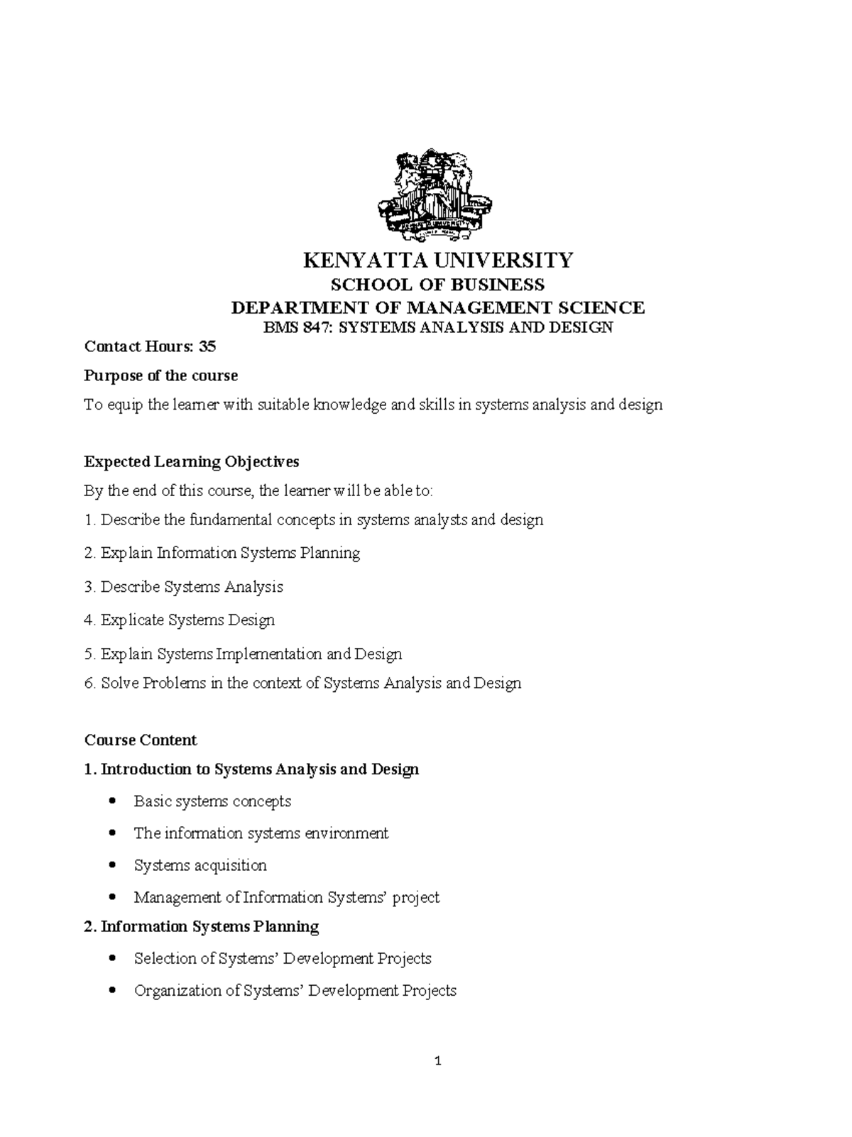 Course Outline - KENYATTA UNIVERSITY SCHOOL OF BUSINESS DEPARTMENT OF ...