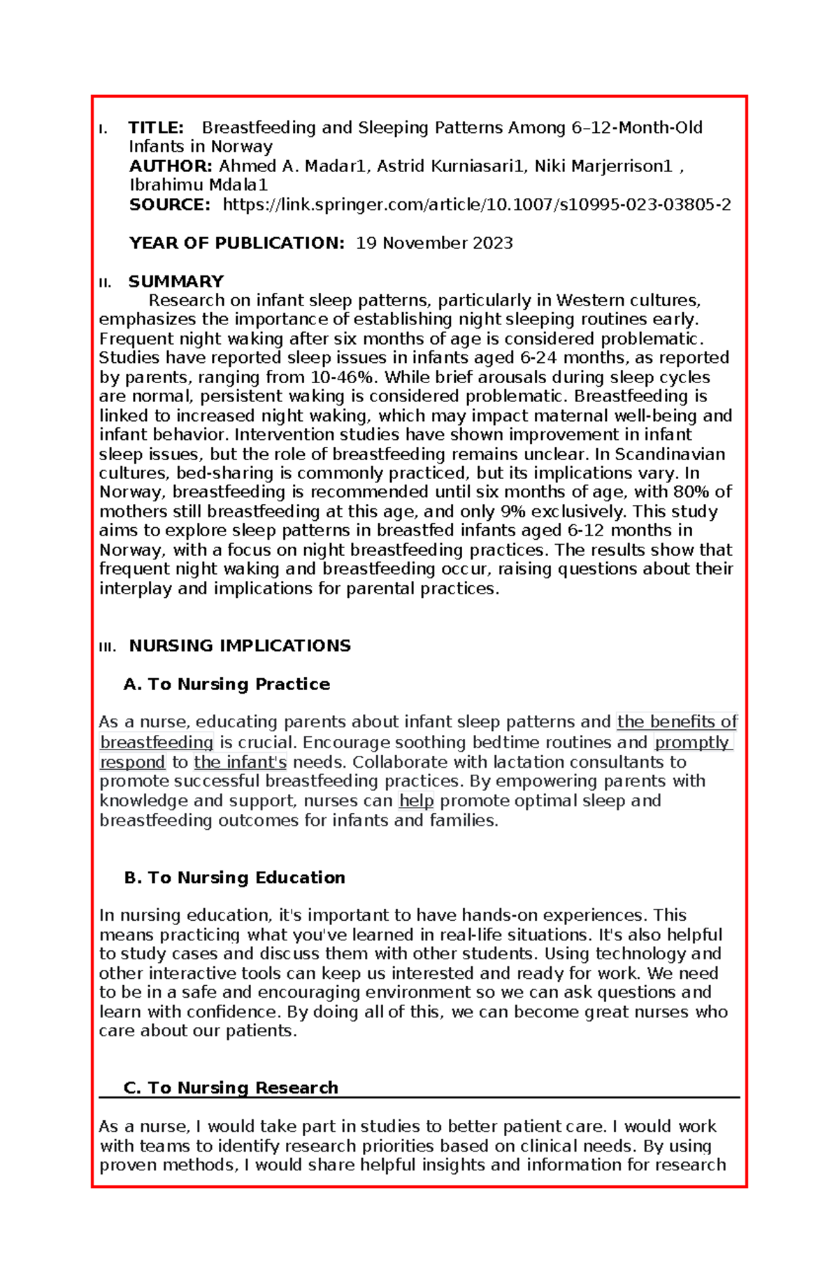 Journal DR - I. TITLE: Breastfeeding and Sleeping Patterns Among 6–12 ...