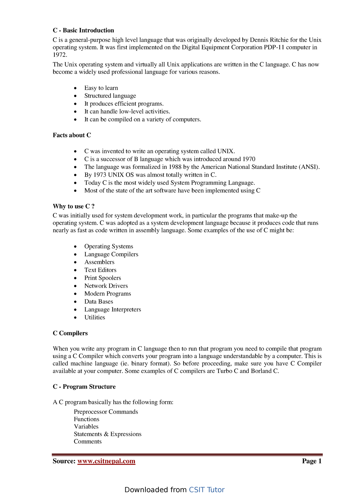 C Programming Note - Source: csitnepal Page 1 C - Basic Introduction C ...