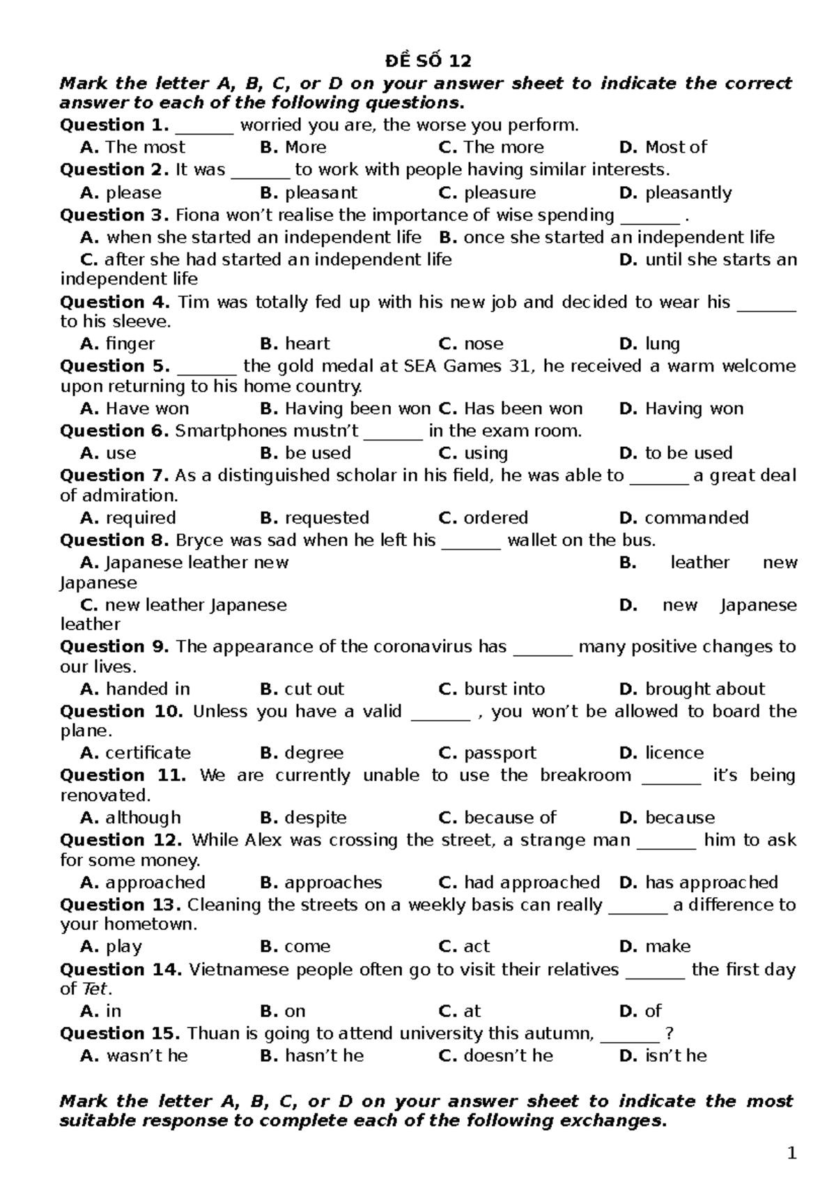 ĐỀ THI DỰ ĐOÁN SỐ 12 - GIẢI CHI TIẾT - ĐỀ SỐ 12 Mark The Letter A, B, C ...