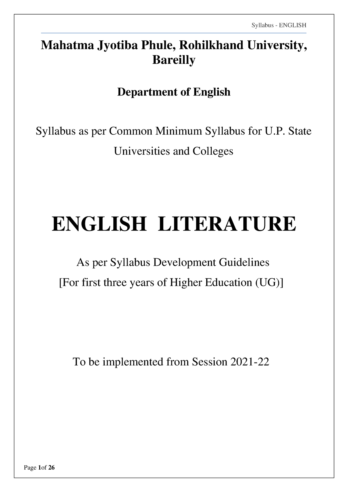 English Syllabus UG 25092021 - Mahatma Jyotiba Phule, Rohilkhand ...