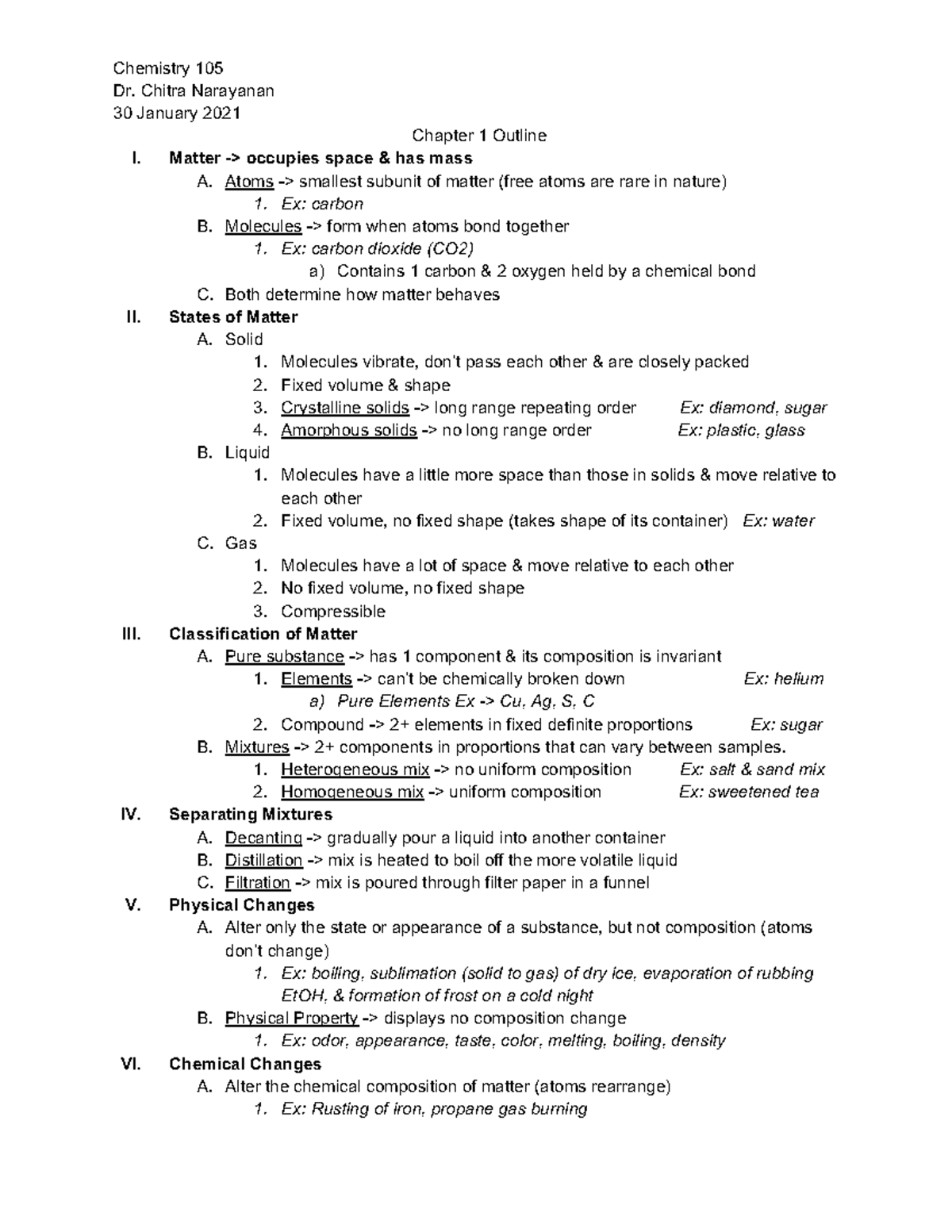Chem Chapter 1 - ch 1 notes - Chemistry 105 Dr. Chitra Narayanan 30 ...