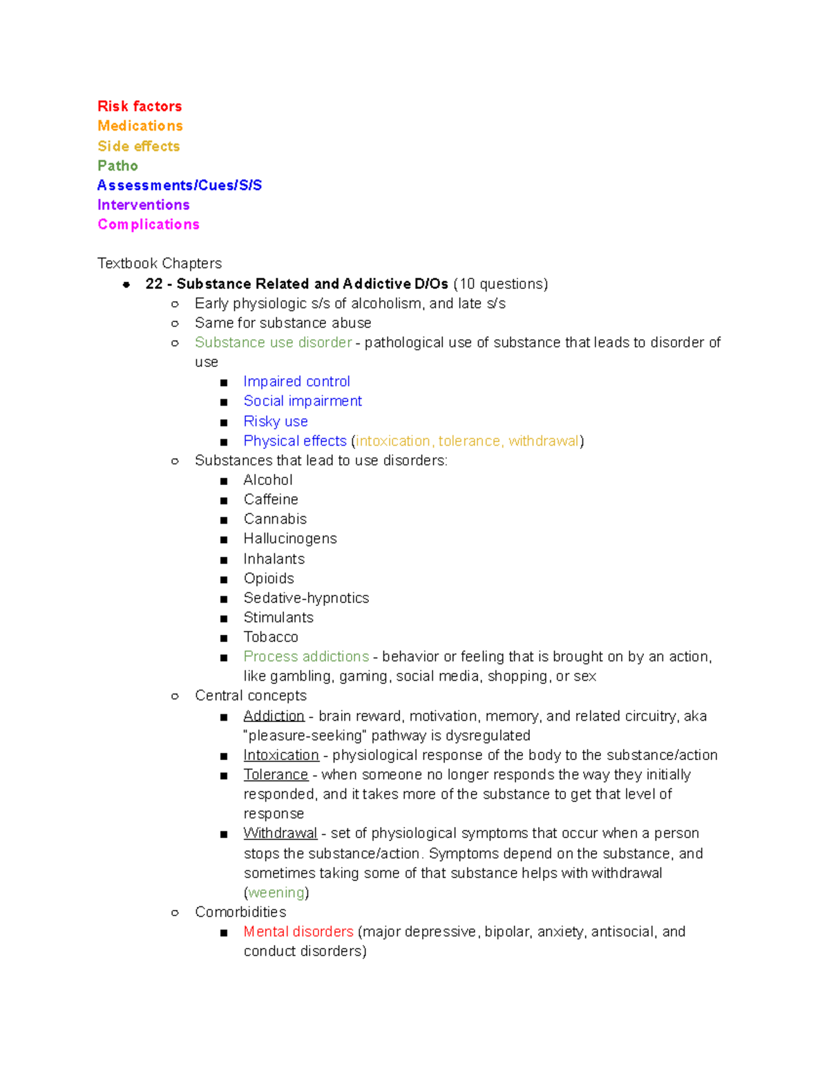 Psych Exam 3 Review - Lecture/book notes - Risk factors Medications ...
