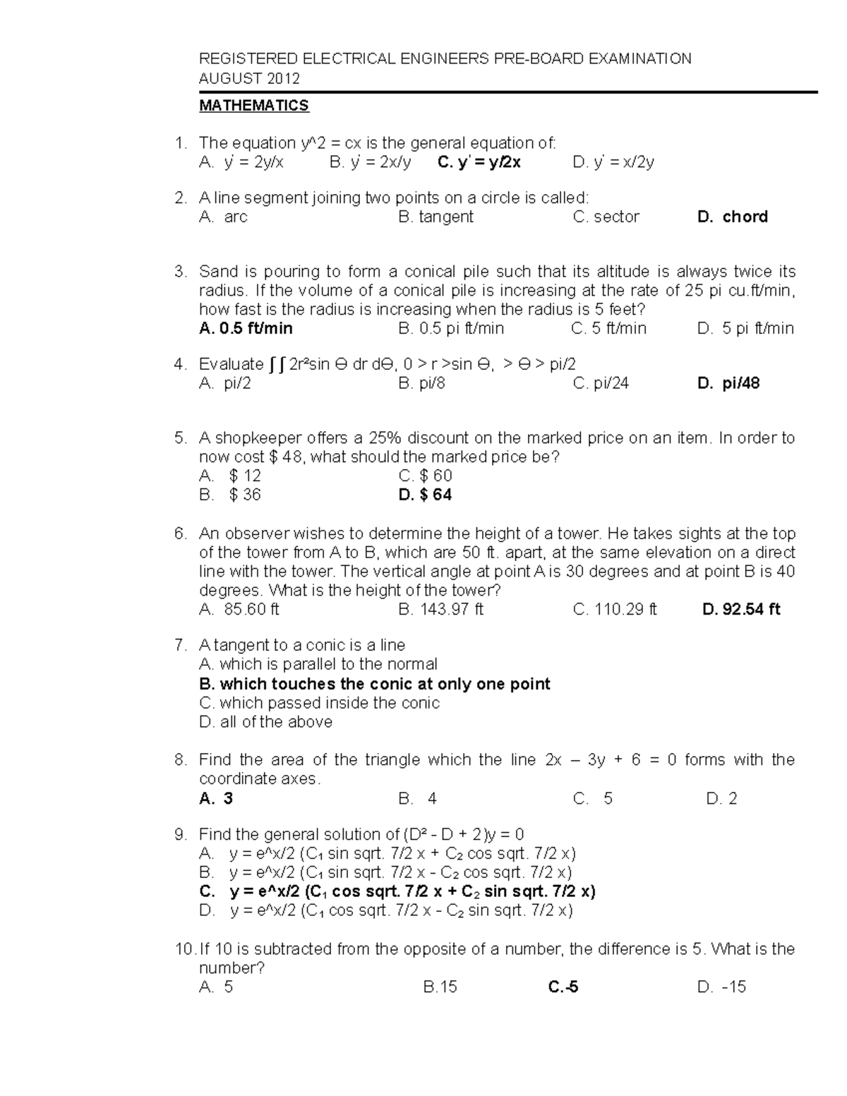 Exam 3 August 12 Questions And Answers August Mathematics The Equation Cx Is The General Equation Of 2y 2x 2x 2y Line Segment Joining Two Points On Circle Studocu