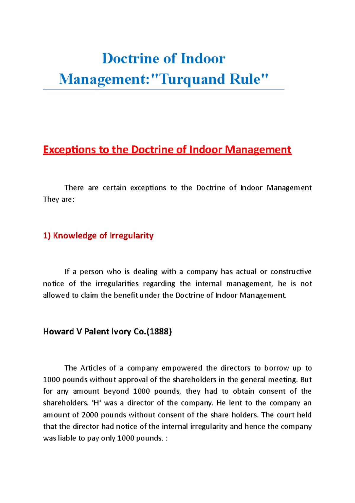 Doctrine of Indoor Management - Exceptions - Doctrine of Indoor ...