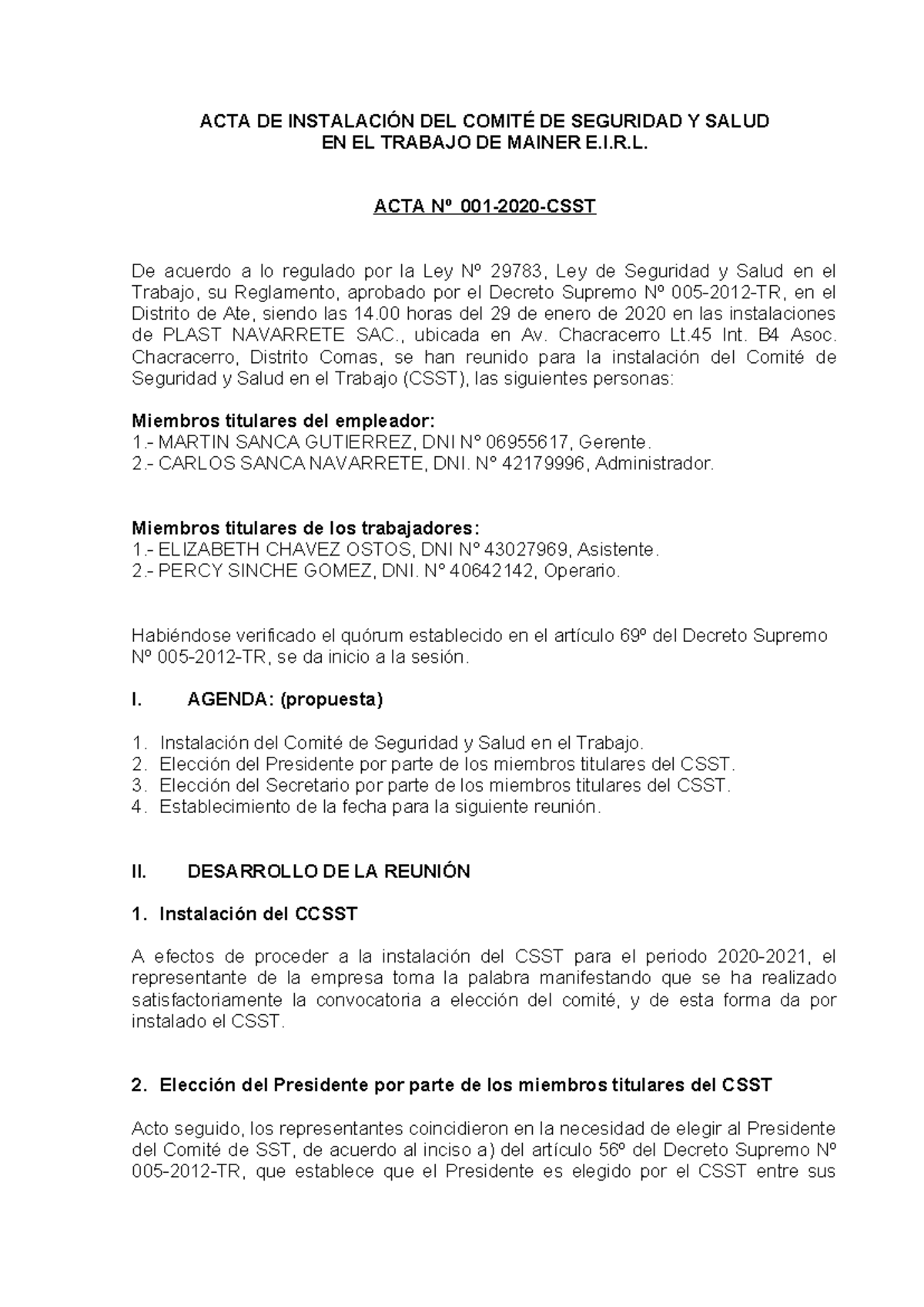 ACTA DE INSTALACIÓN DEL COMITÉ DE SEGURIDAD Y SALUD - I.R. ACTA Nº 001 ...