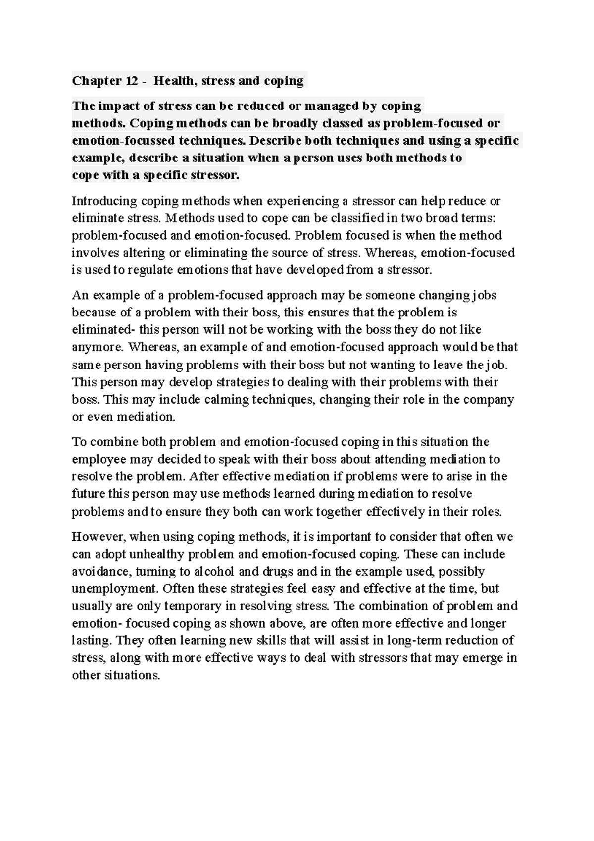Final Exam pratice questions - Chapter 12 - Health, stress and coping ...