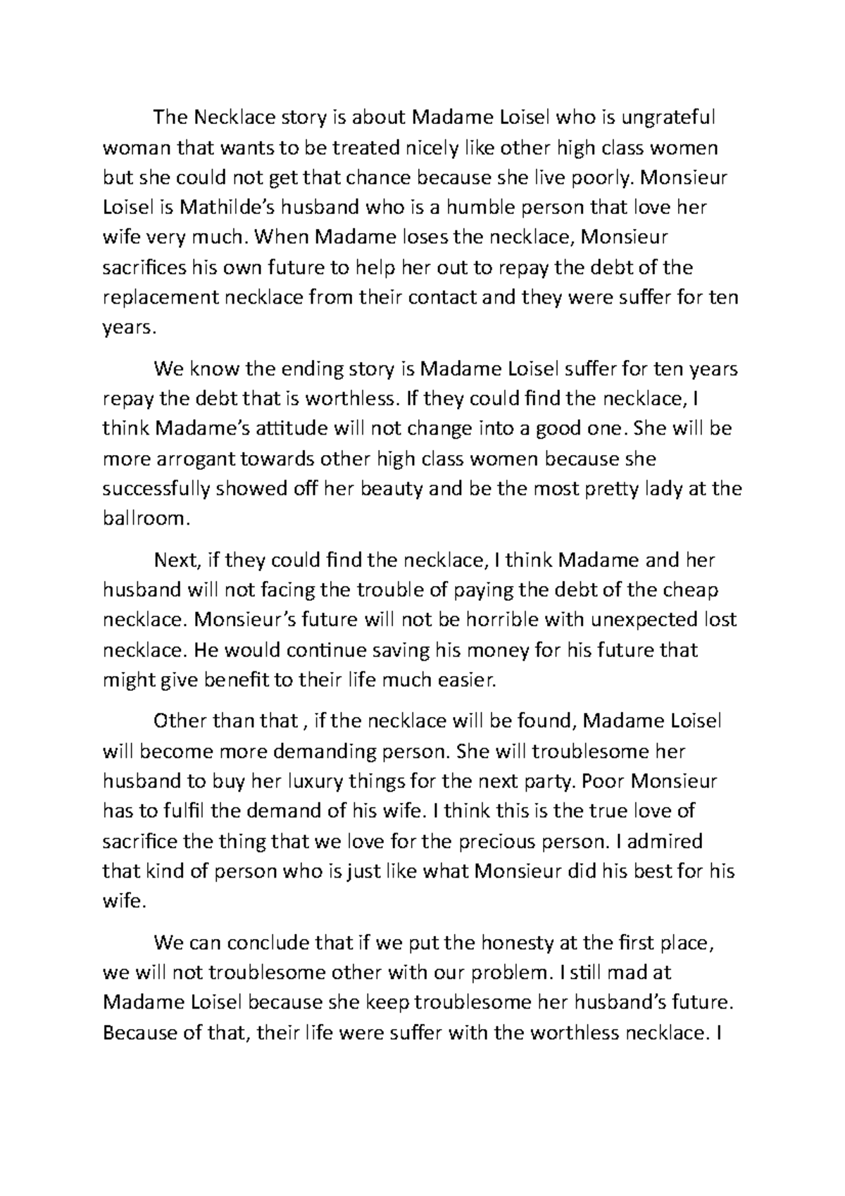 essay moral value the necklace ESSAY MORAL VALUE THE NECKLACE essay