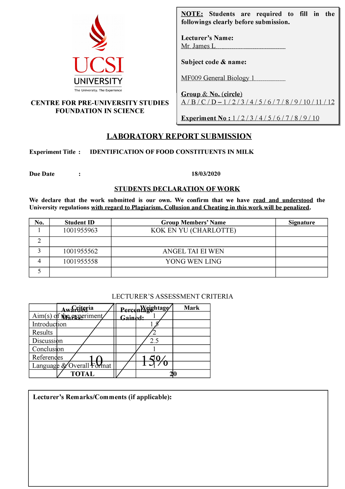 Biology Lab Report- Experiment 3 - LABORATORY REPORT SUBMISSION ...