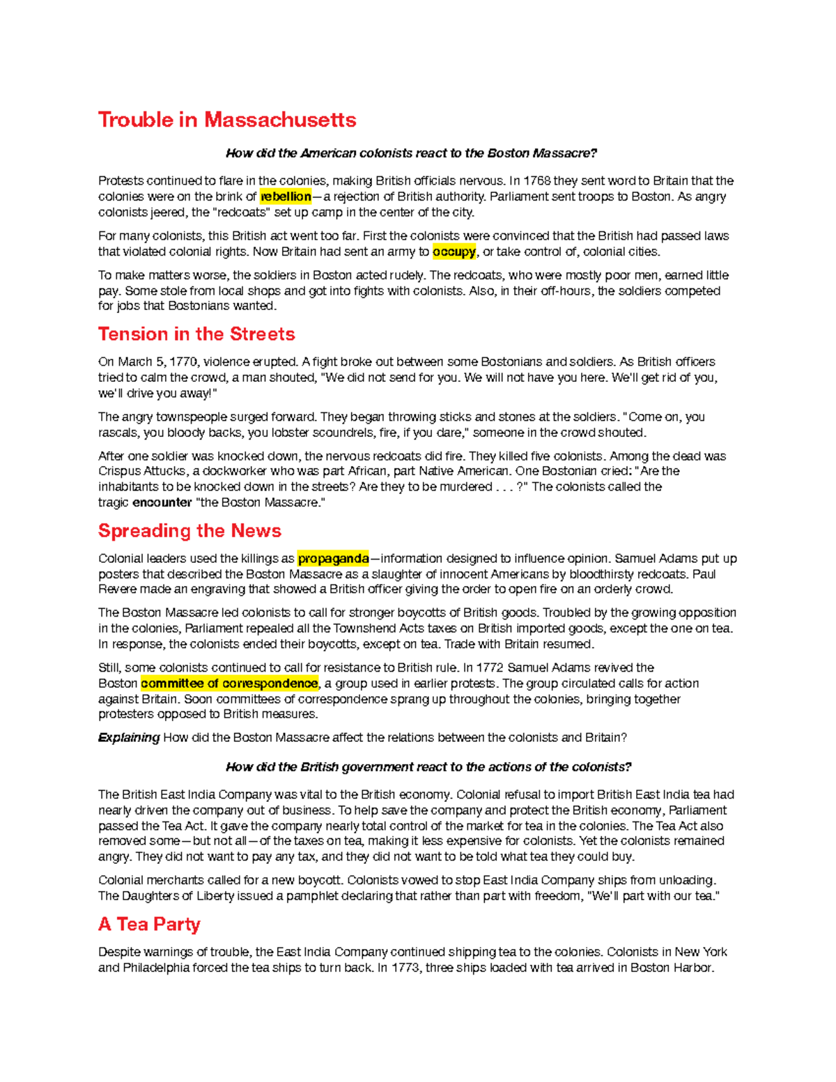 Chapter 5 Part 2 Trouble In Massachusetts How Did The American
