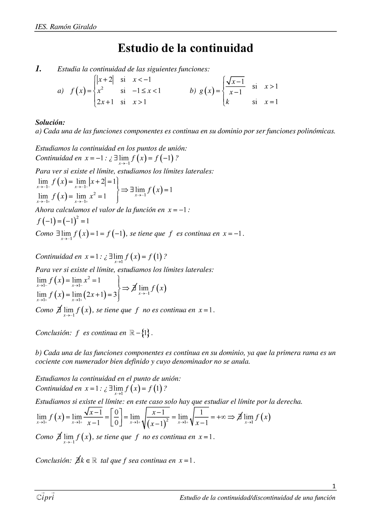 MAT 2-Estudio De La Continuidad De Una Función - 1 ####### Estudio De ...