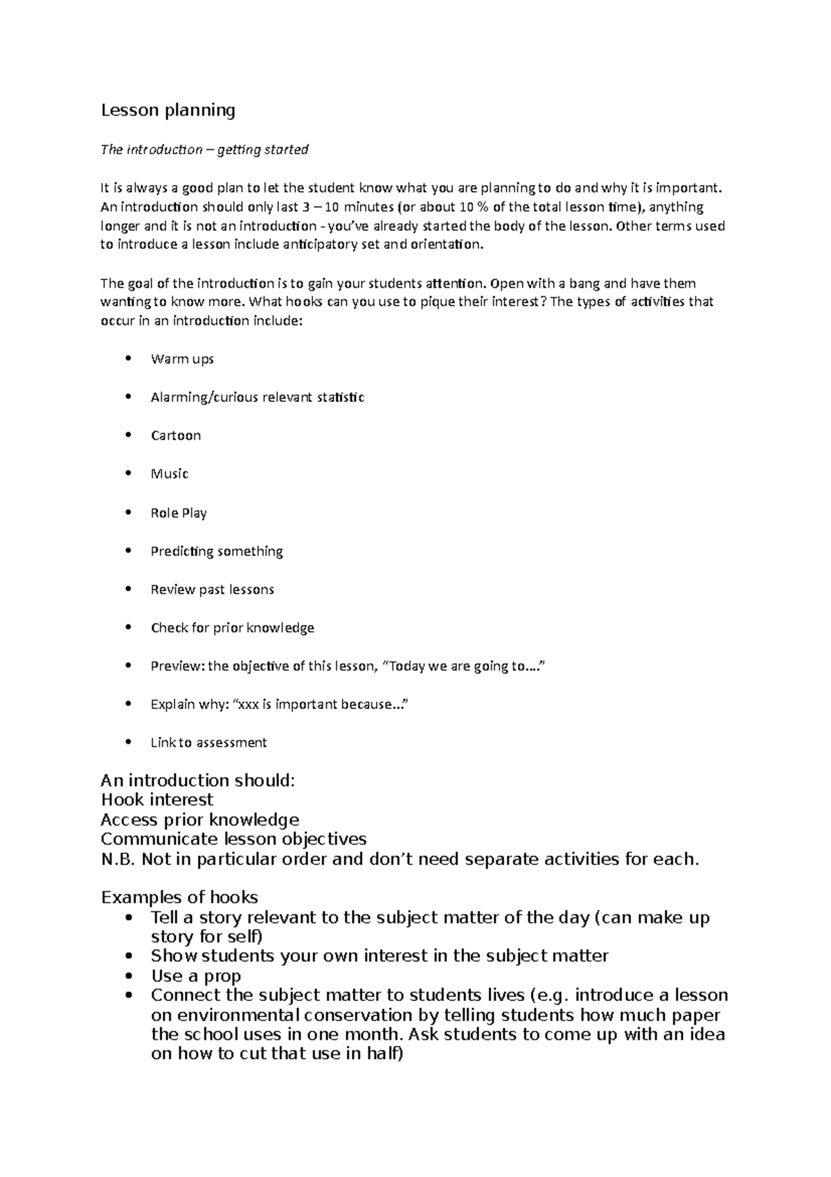 Lesson Planning Explained - Lesson planning The introduction – getting ...