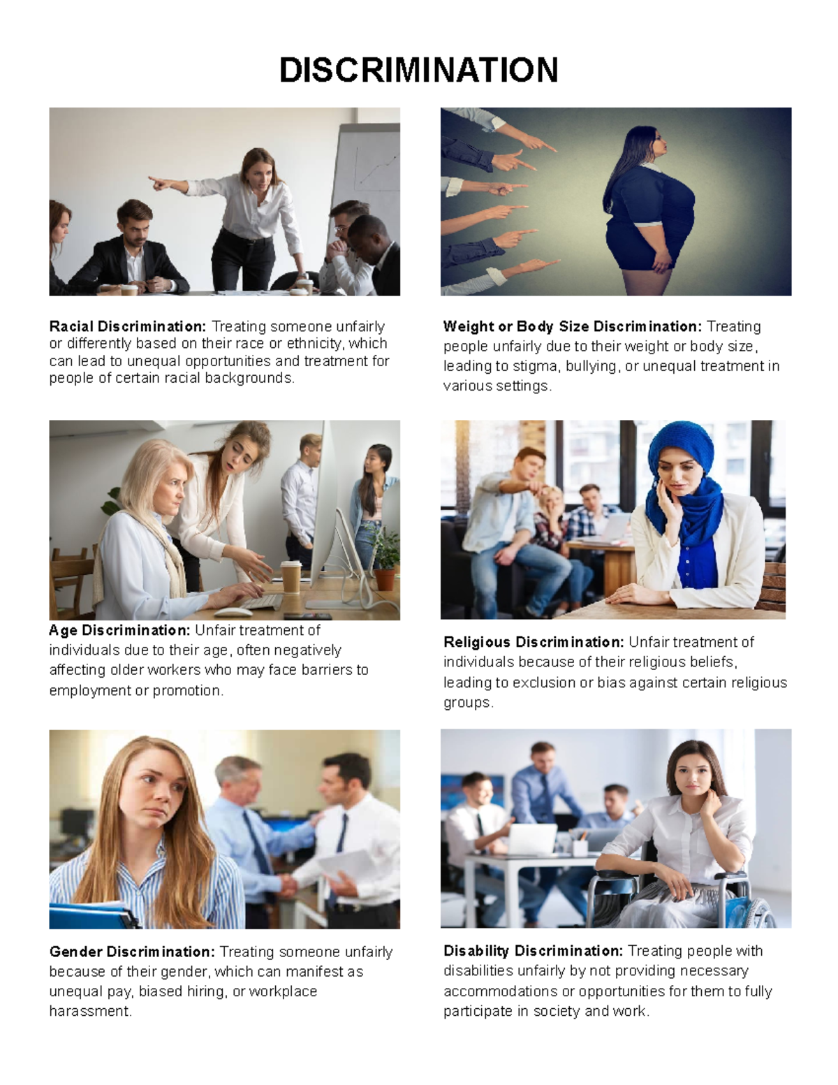 Discrimination Examples DISCRIMINATION Racial Discrimination Treating someone unfairly or