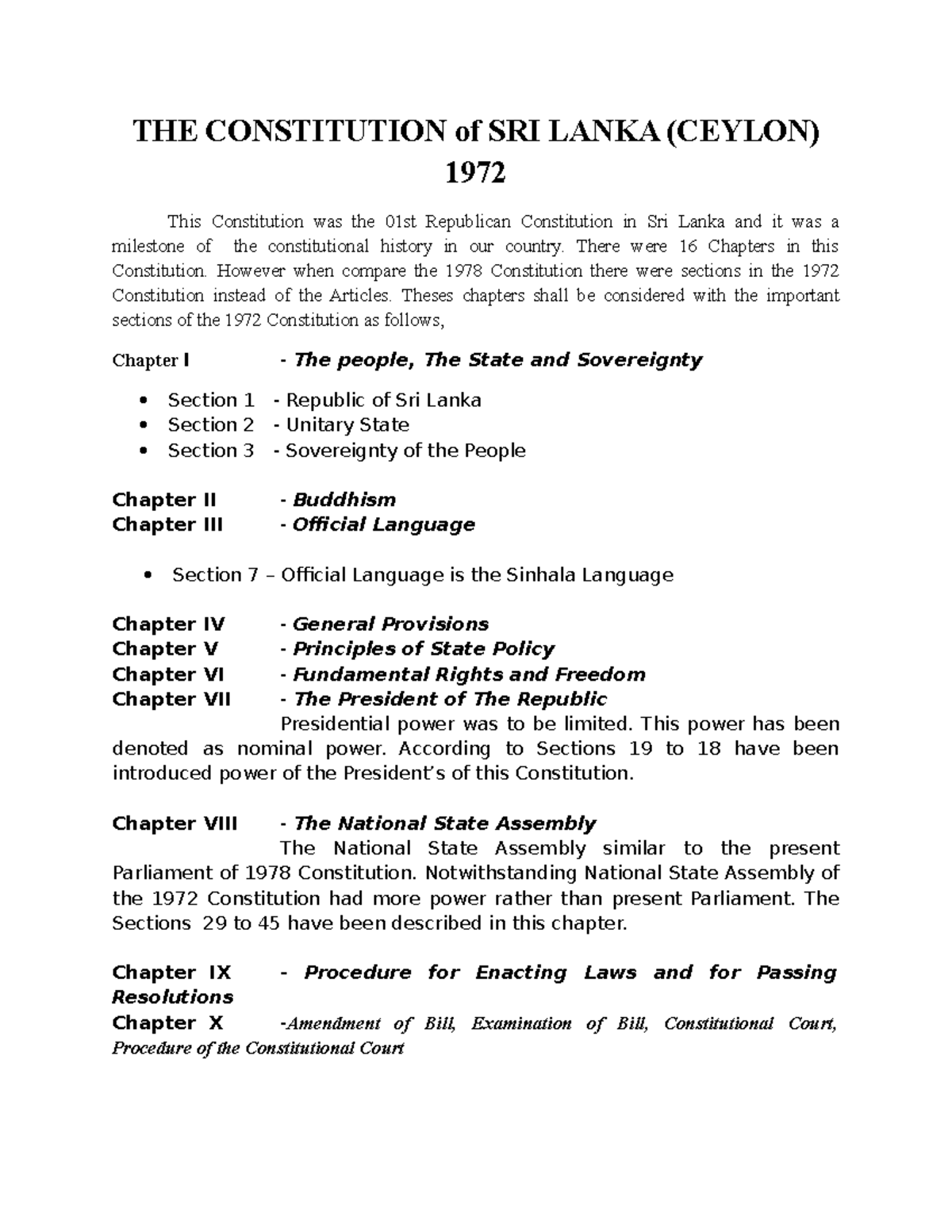 1972 Constitution THE CONSTITUTION of SRI LANKA (CEYLON) 1972 This