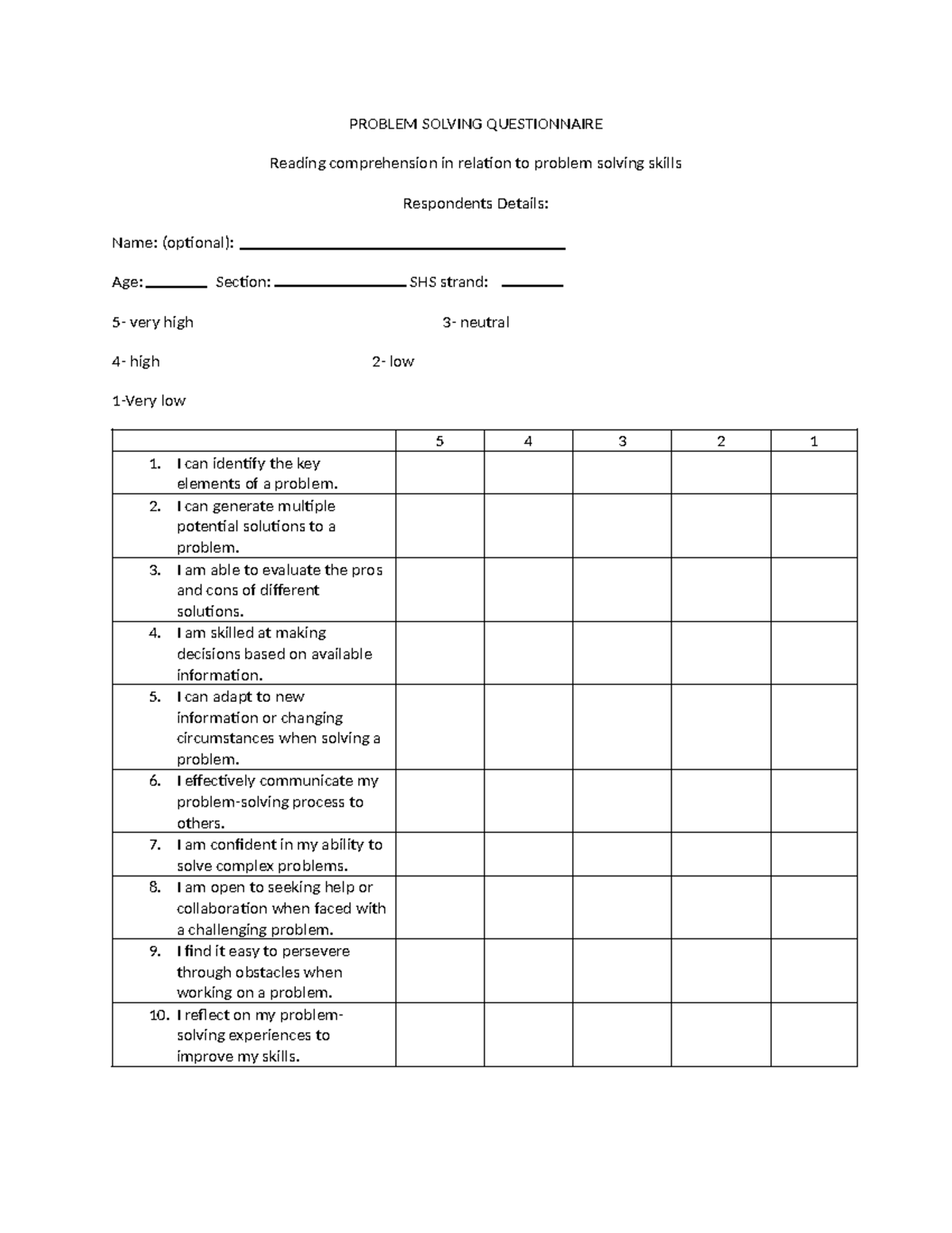 Questionnaire - Goodluck To Your Studies - Problem Solving 