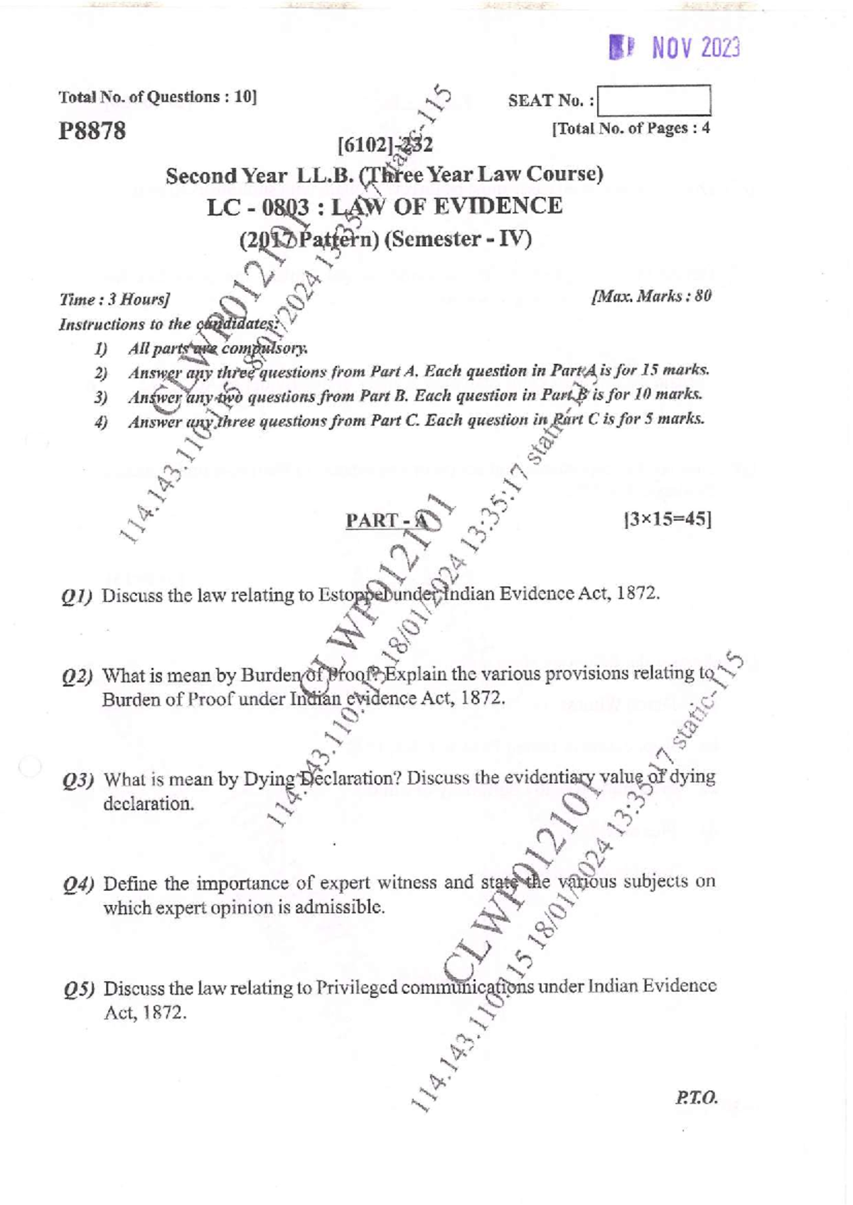 803 Law of Evidence Q.P. - ( Second Year LdF. (Semester - IV) \ f ...